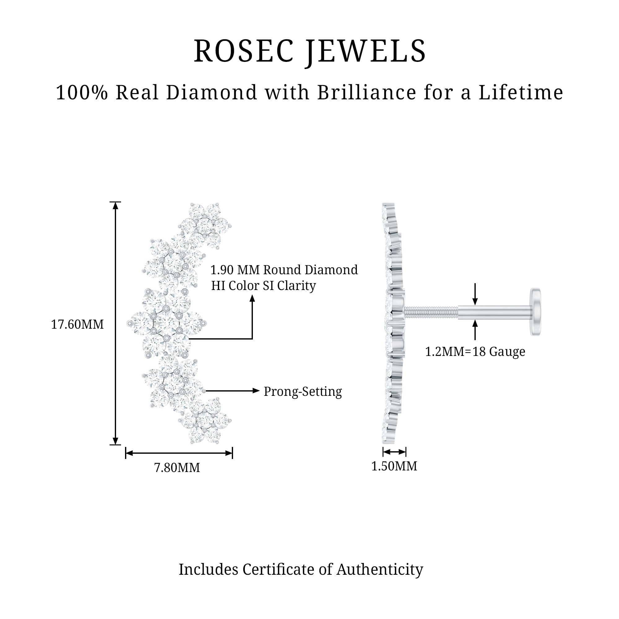 Diamond Flower Ear Crawler Earring Natural - ( HI-SI ) - Rosec Jewels