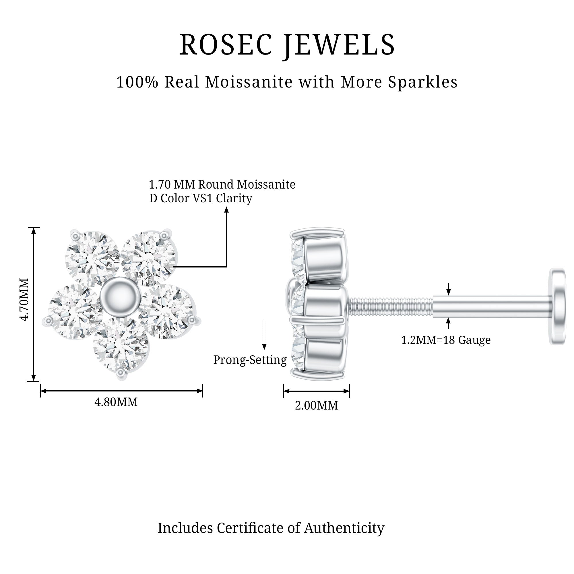 Certified Round Moissanite Flower Earring for Conch Piercing D-VS1 - Rosec Jewels