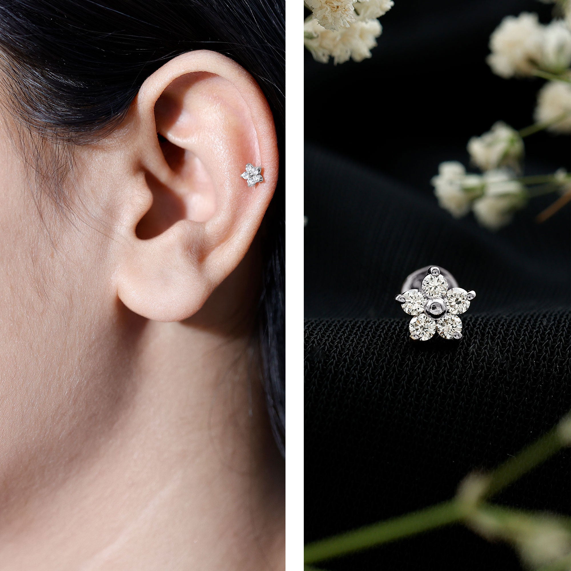 Certified Round Moissanite Flower Earring for Conch Piercing D-VS1 - Rosec Jewels