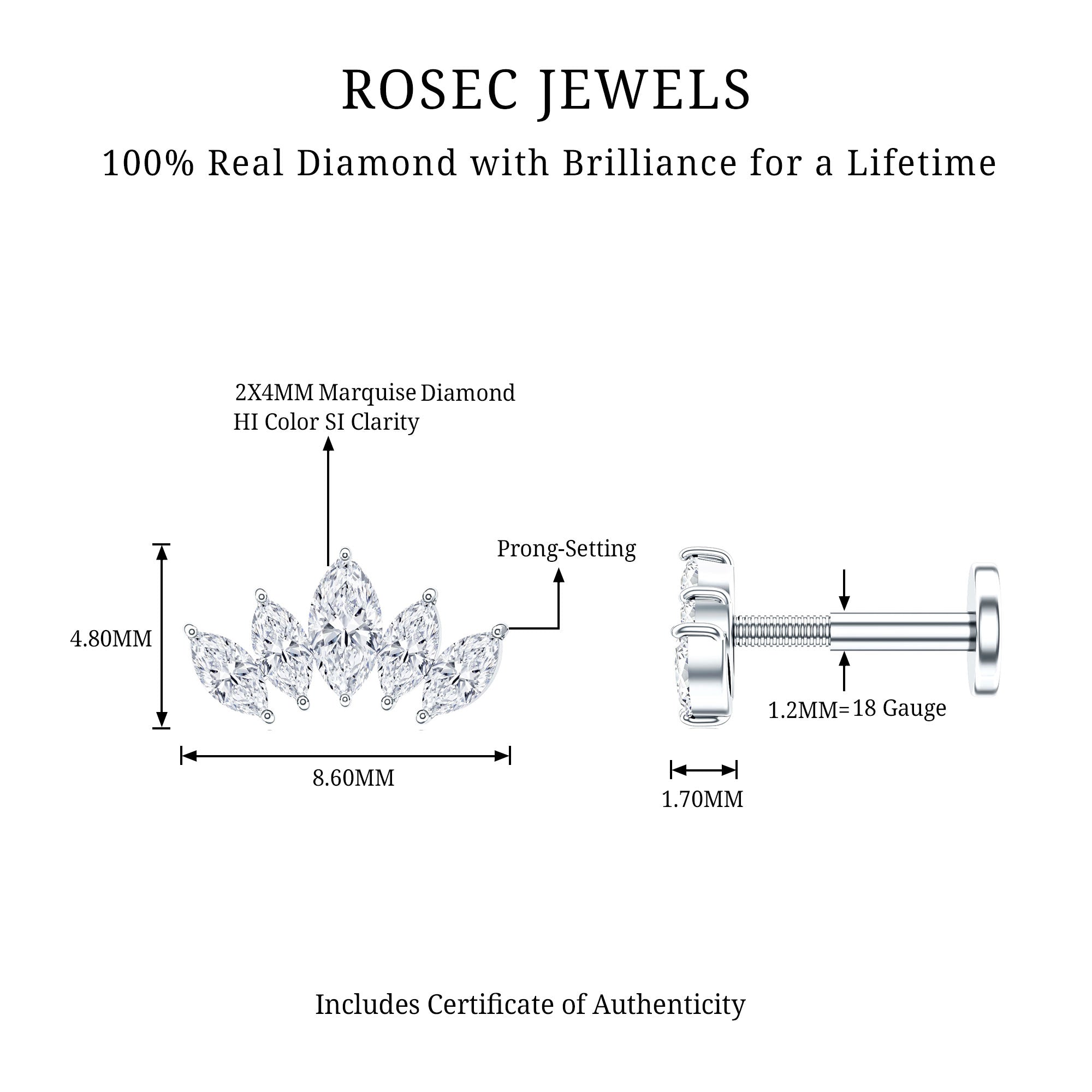 Certified Marquise Cut Diamond Helix Earring for Women Natural - ( HI-SI ) - Rosec Jewels