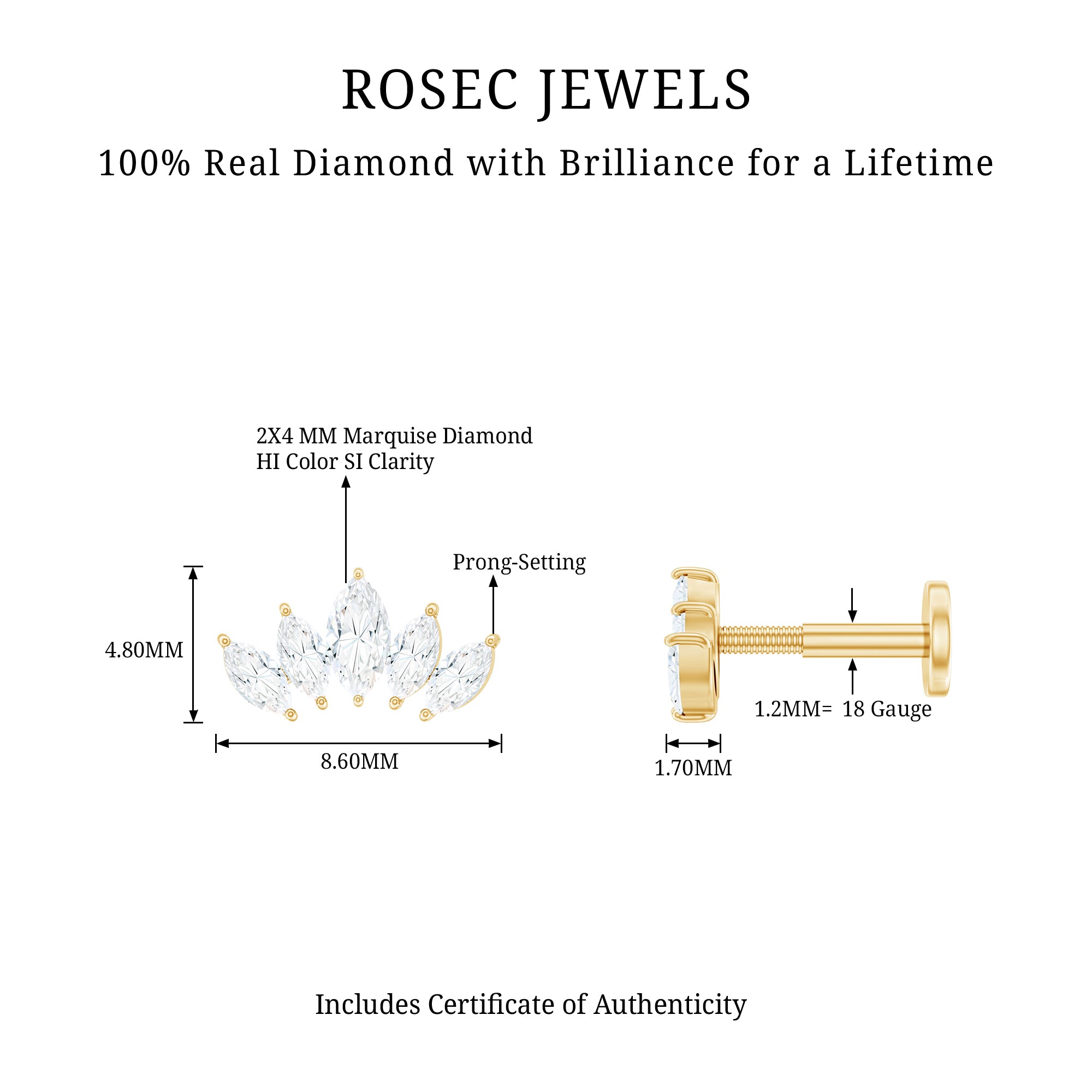 Certified Marquise Cut Diamond Helix Earring for Women Natural - ( HI-SI ) - Rosec Jewels