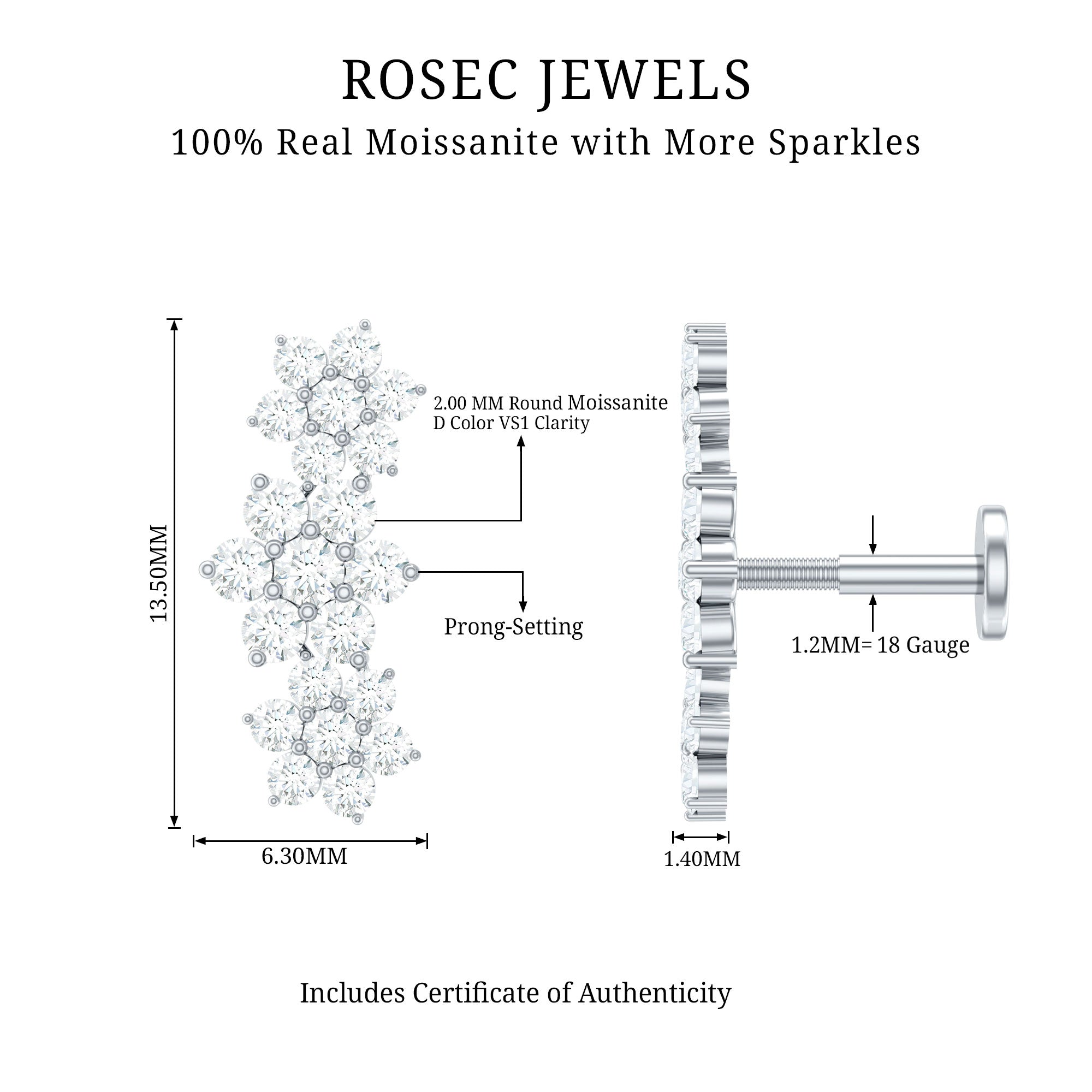 Certified Moissanite Flower Ear Climber Earring D-VS1 - Rosec Jewels