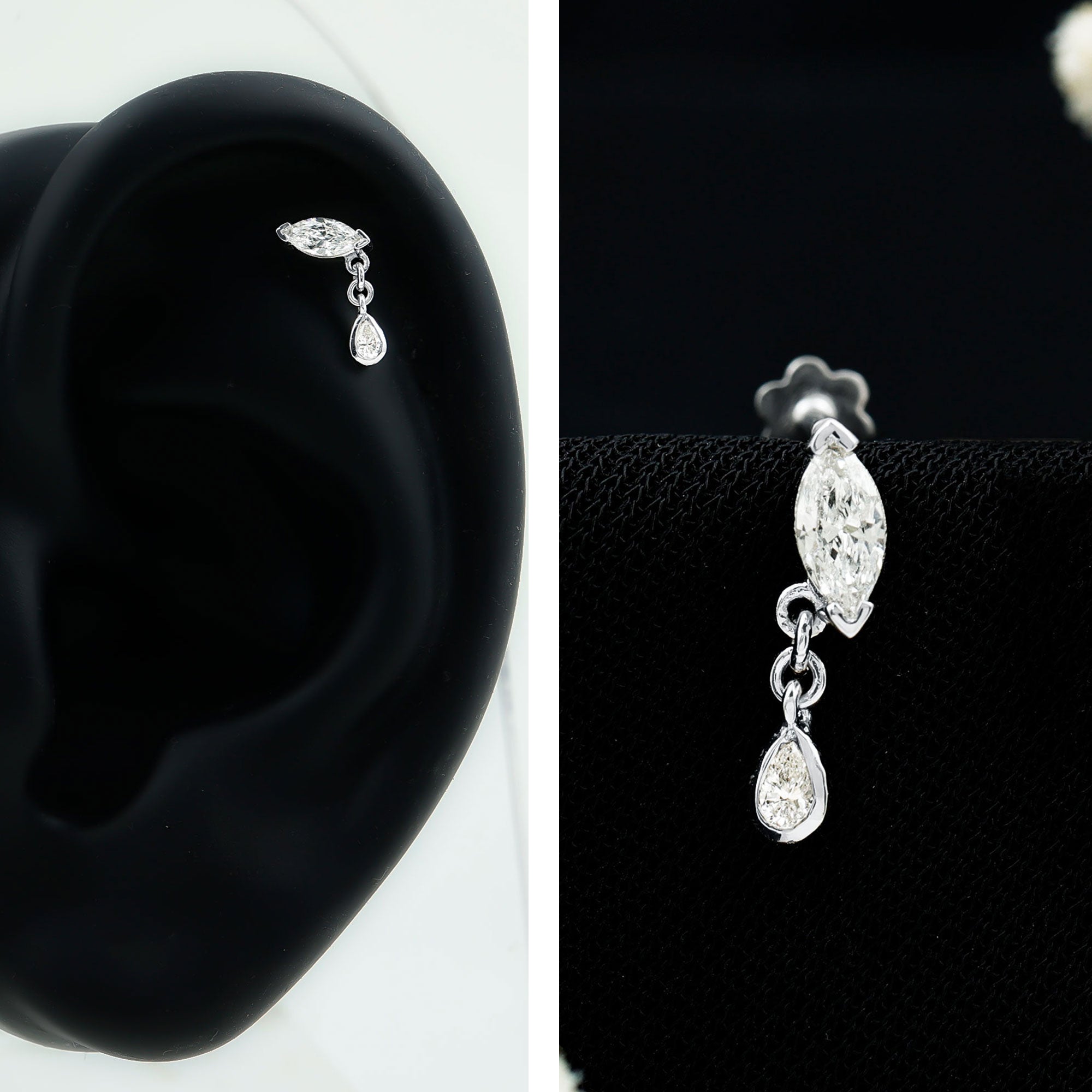 Real Marquise Diamond Cartilage Drop Earring Natural - ( HI-SI ) - Rosec Jewels