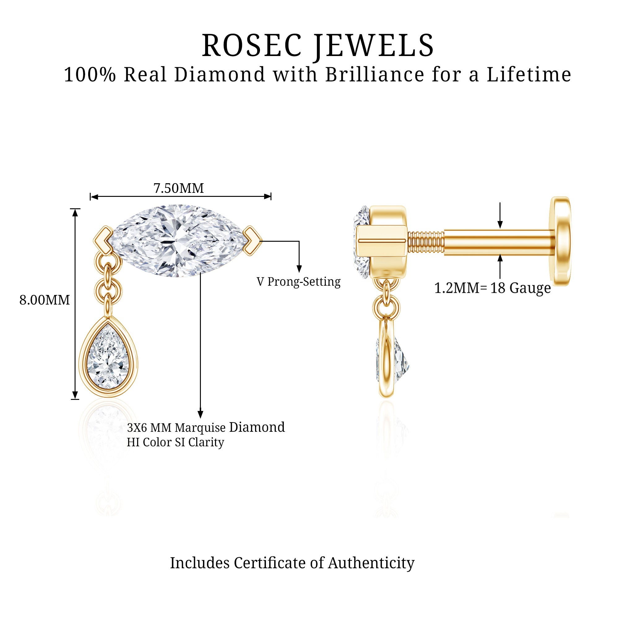 Real Marquise Diamond Cartilage Drop Earring Natural - ( HI-SI ) - Rosec Jewels