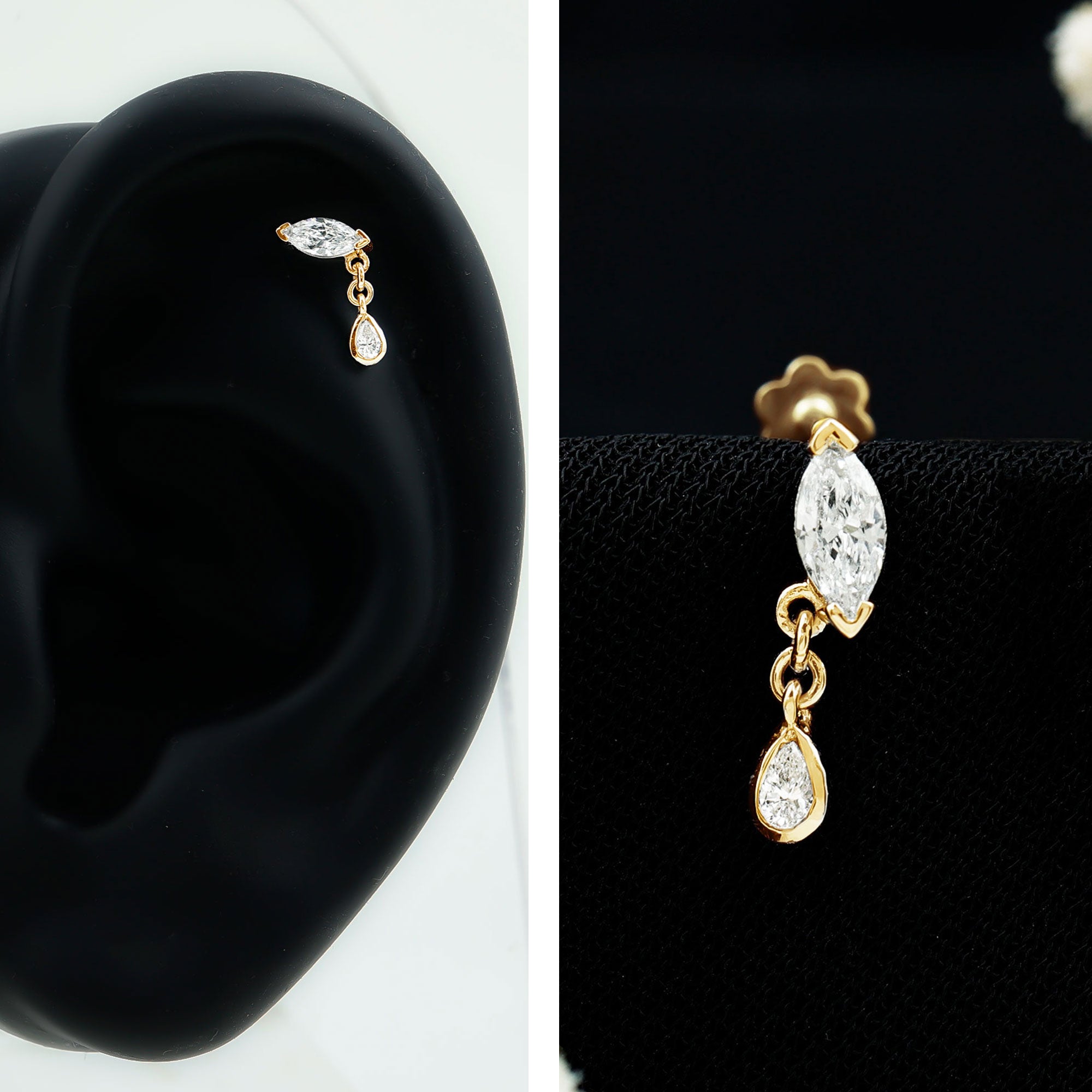 Real Marquise Diamond Cartilage Drop Earring Natural - ( HI-SI ) - Rosec Jewels