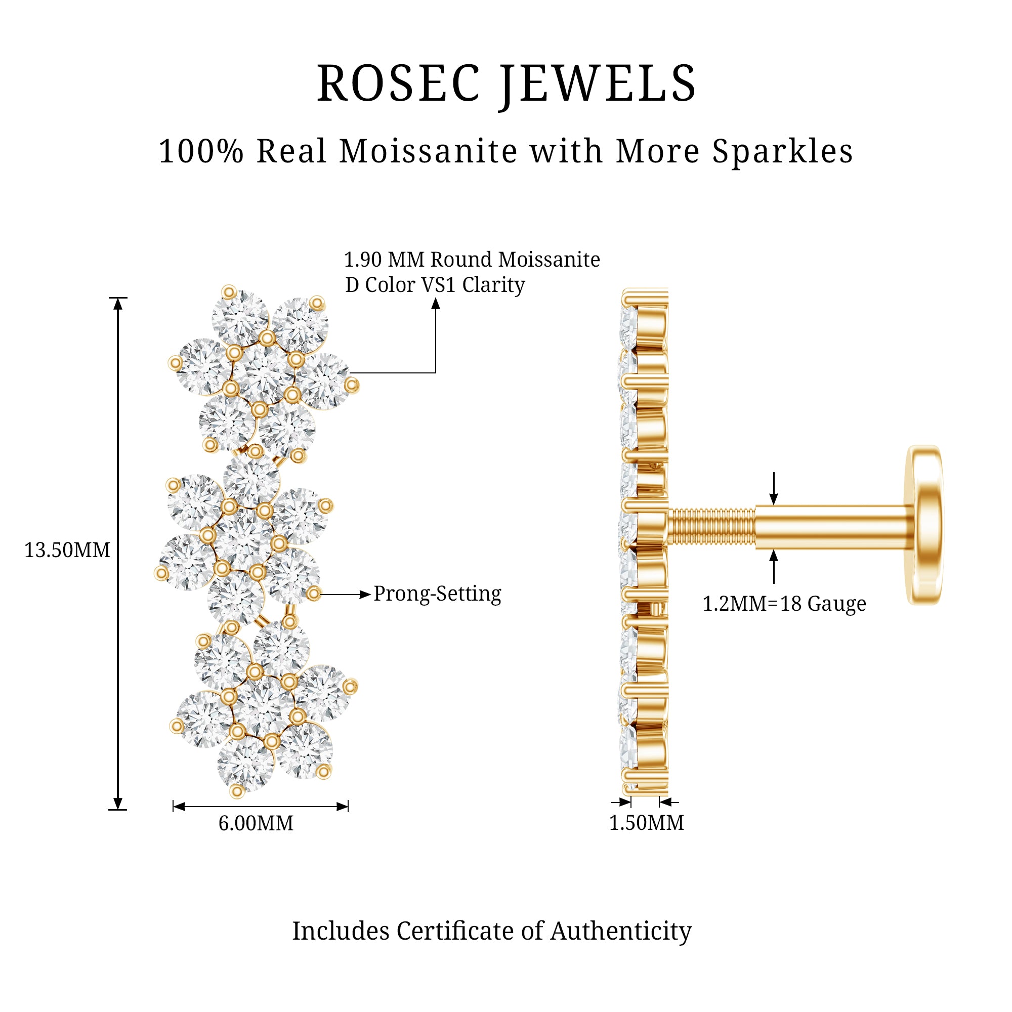 Certified Moissanite Flower Ear Crawler Earring for Women D-VS1 - Rosec Jewels