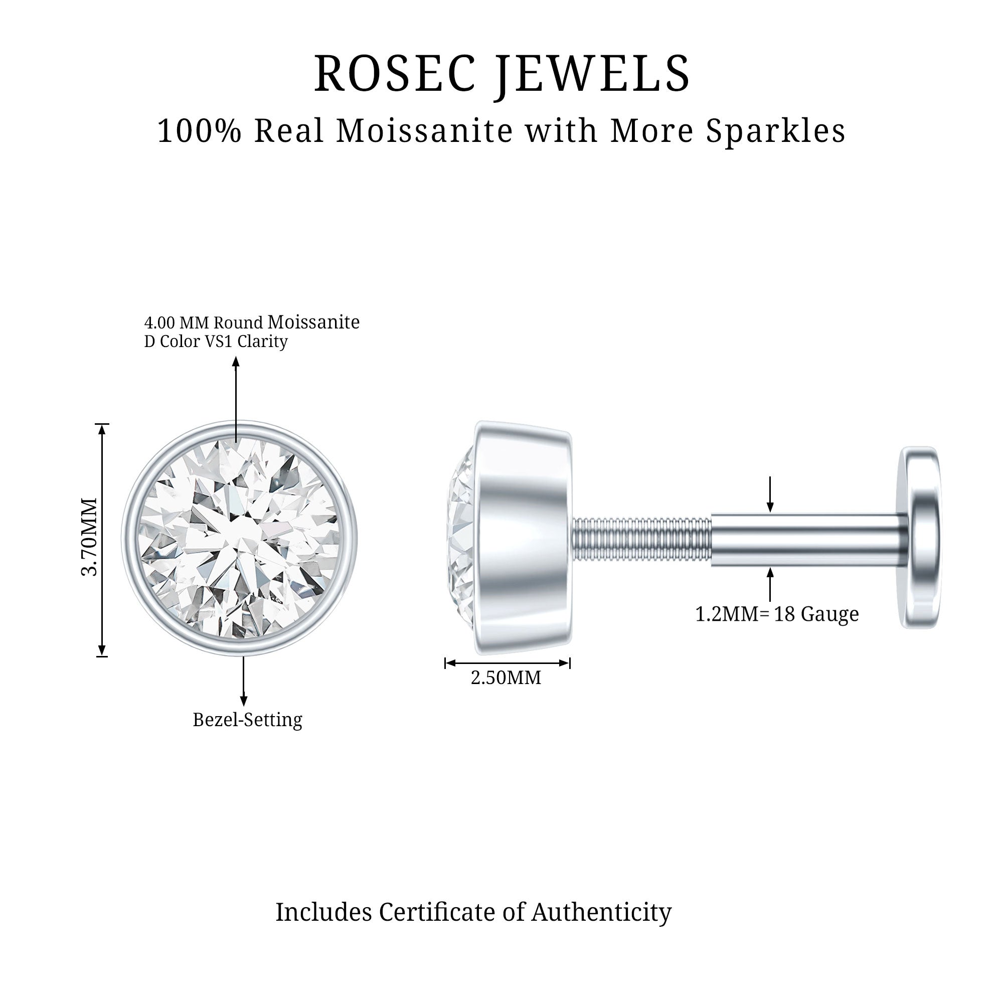 Bezel Set Round Moissanite Earring for Tragus Piercing D-VS1 - Rosec Jewels