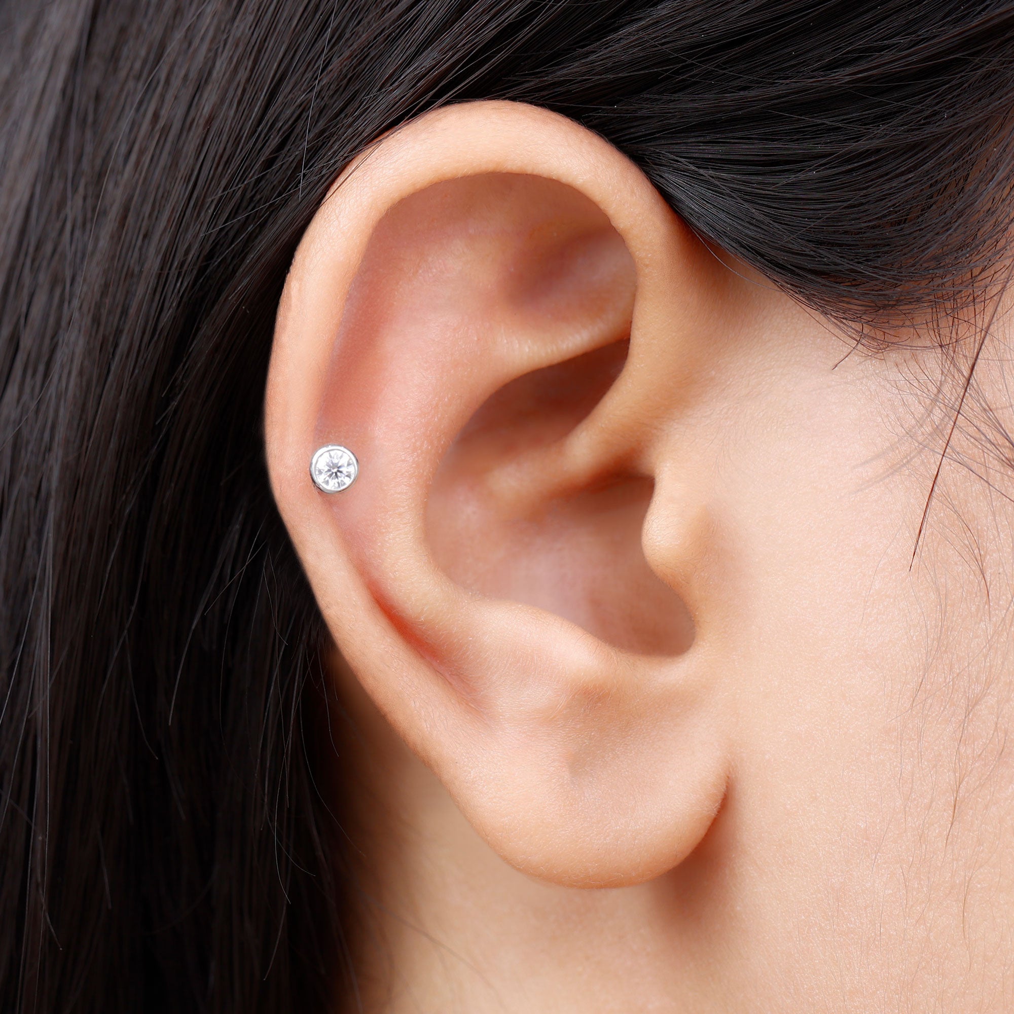 Bezel Set Round Moissanite Earring for Tragus Piercing D-VS1 - Rosec Jewels