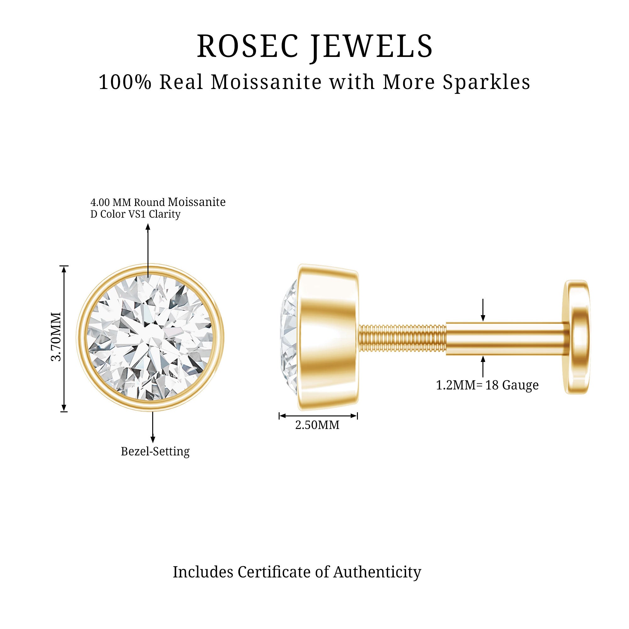 Bezel Set Round Moissanite Earring for Tragus Piercing D-VS1 - Rosec Jewels