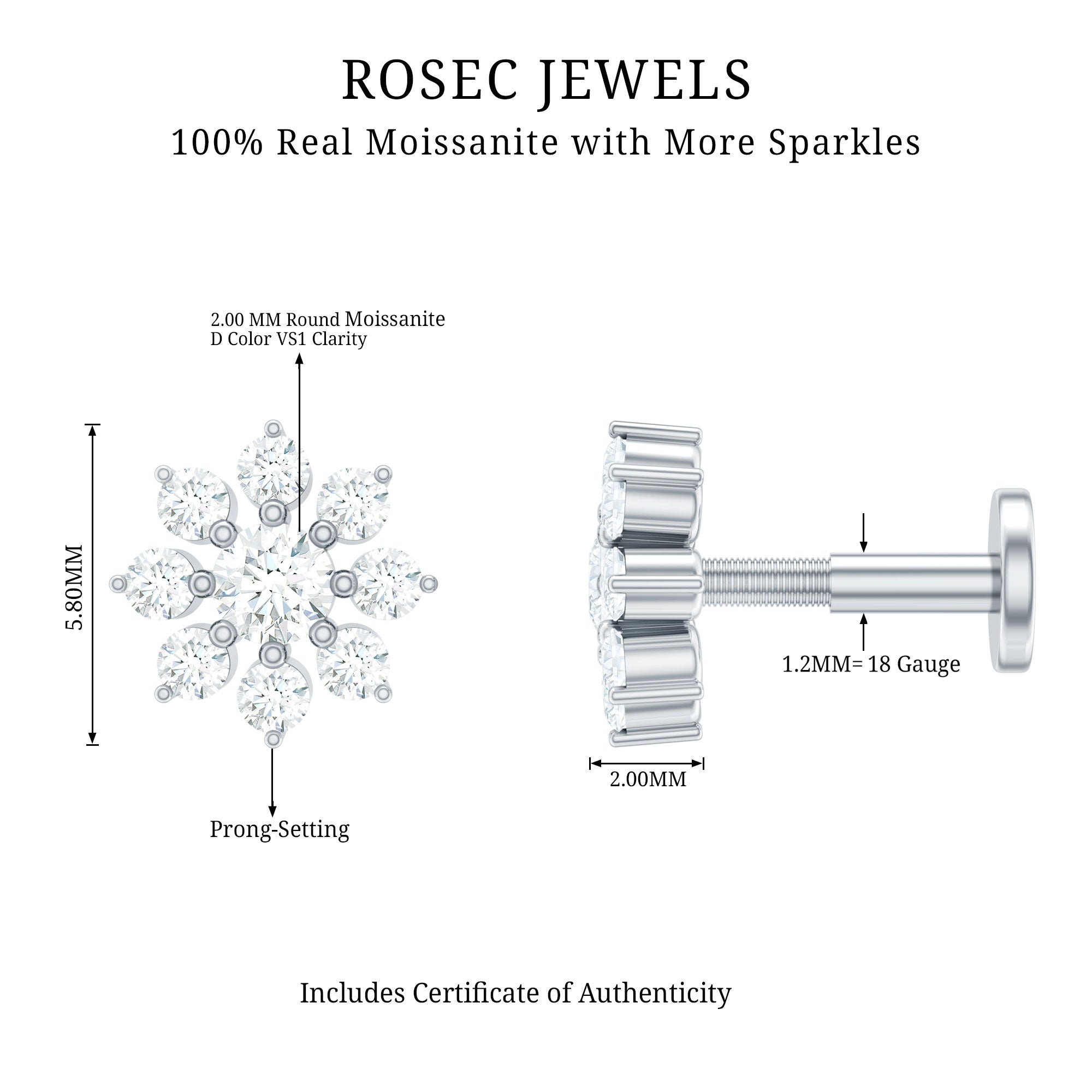 Minimalist Moissanite Flower Cartilage Earring D-VS1 - Rosec Jewels