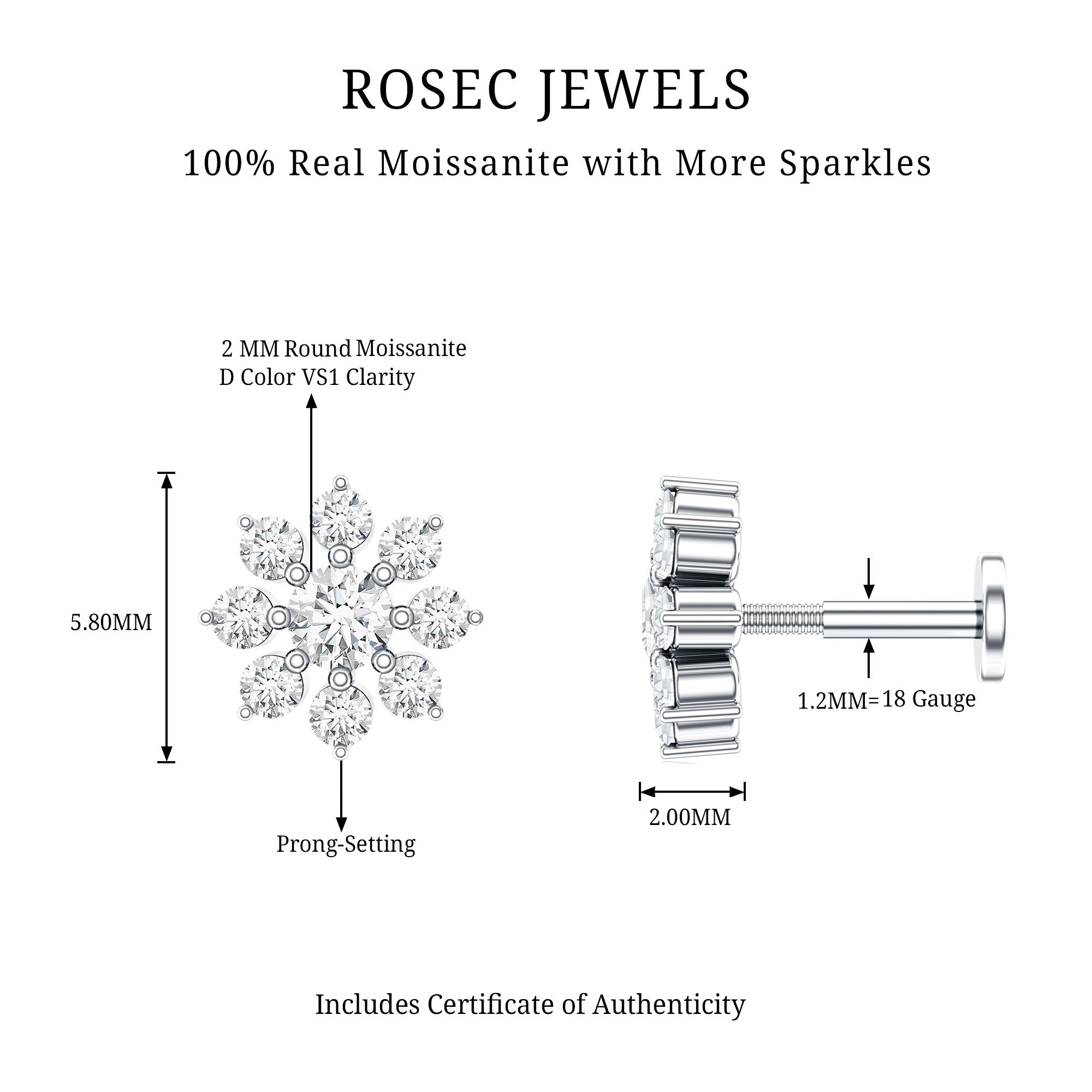 Minimalist Moissanite Flower Cartilage Earring D-VS1 - Rosec Jewels