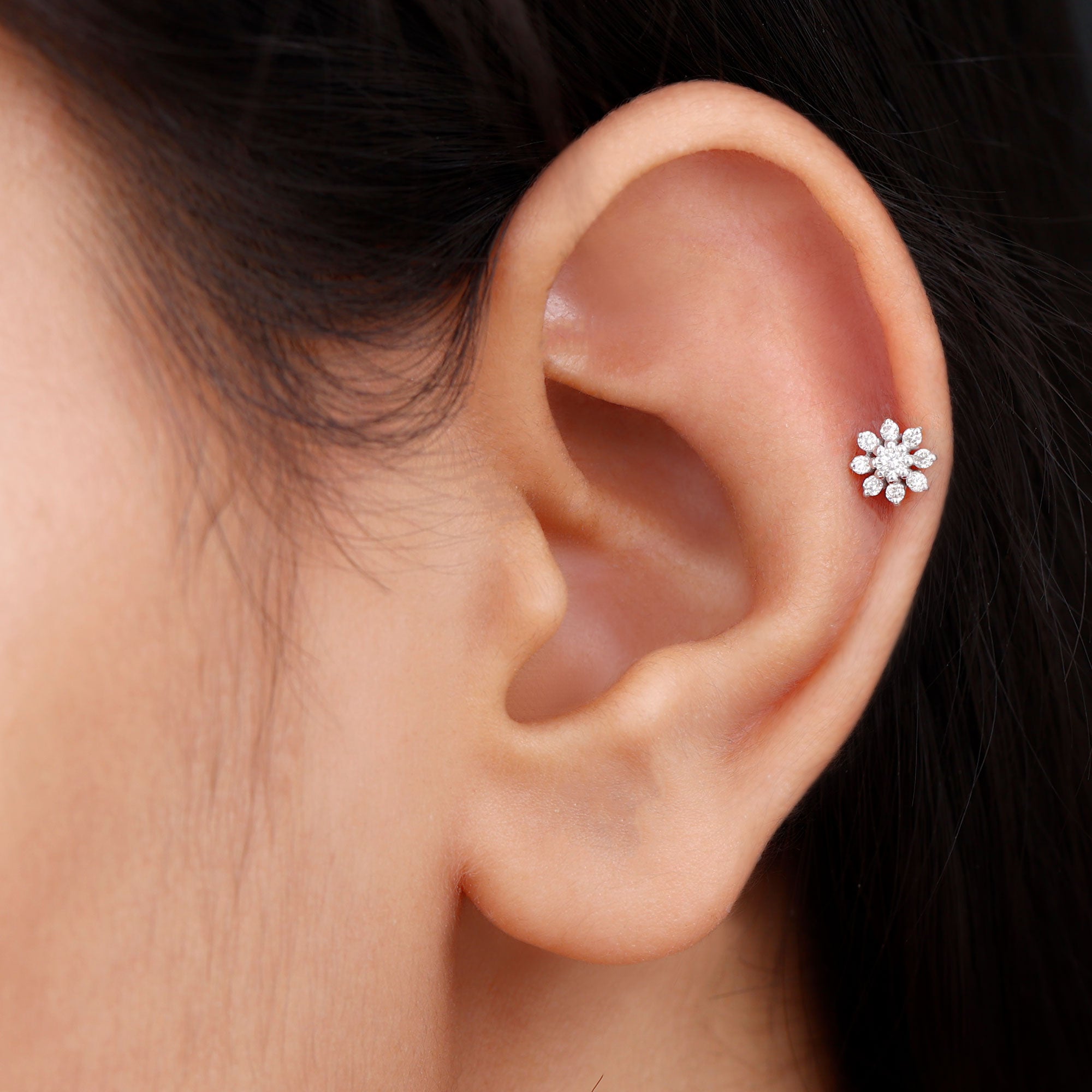 Minimalist Moissanite Flower Cartilage Earring D-VS1 - Rosec Jewels