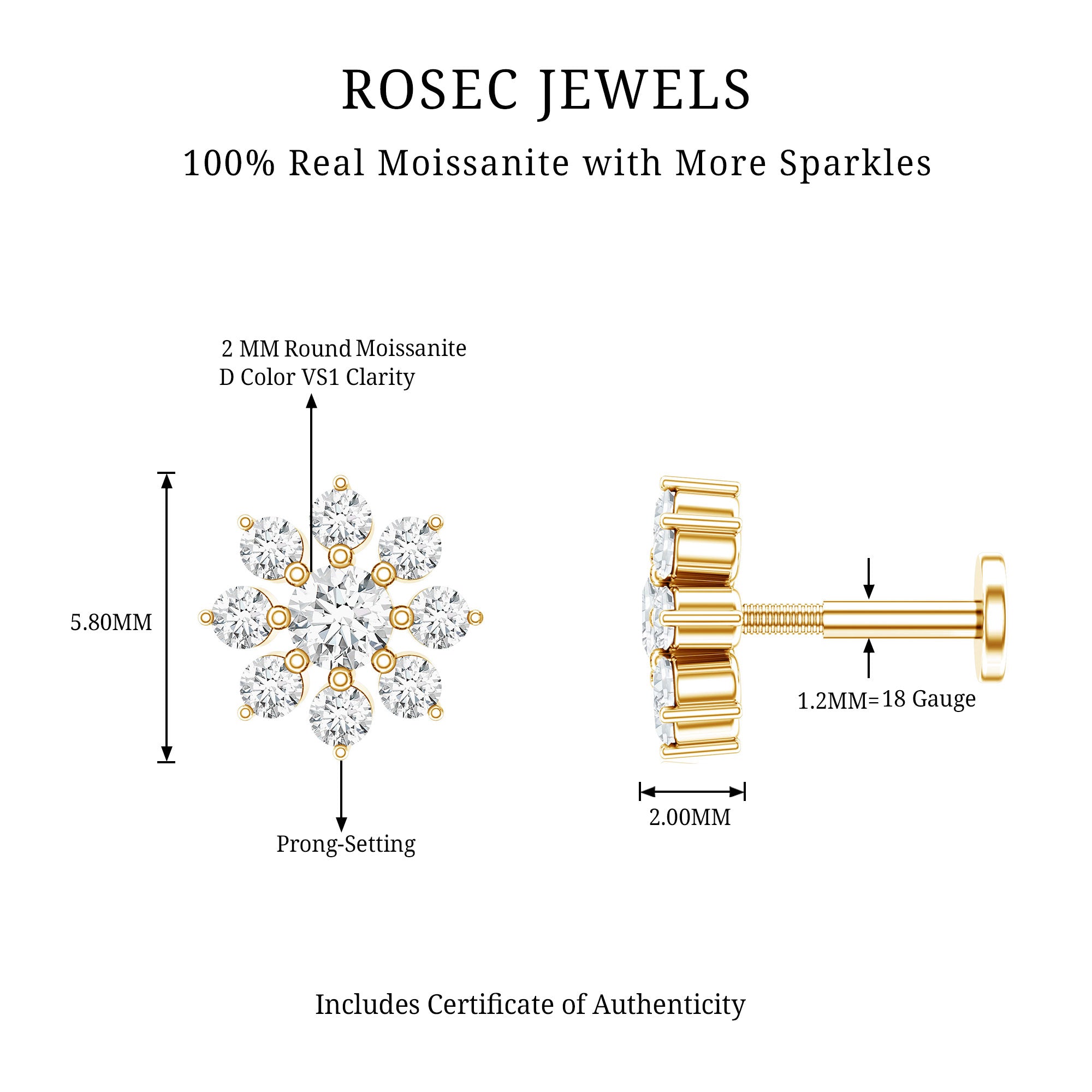 Minimalist Moissanite Flower Cartilage Earring D-VS1 - Rosec Jewels