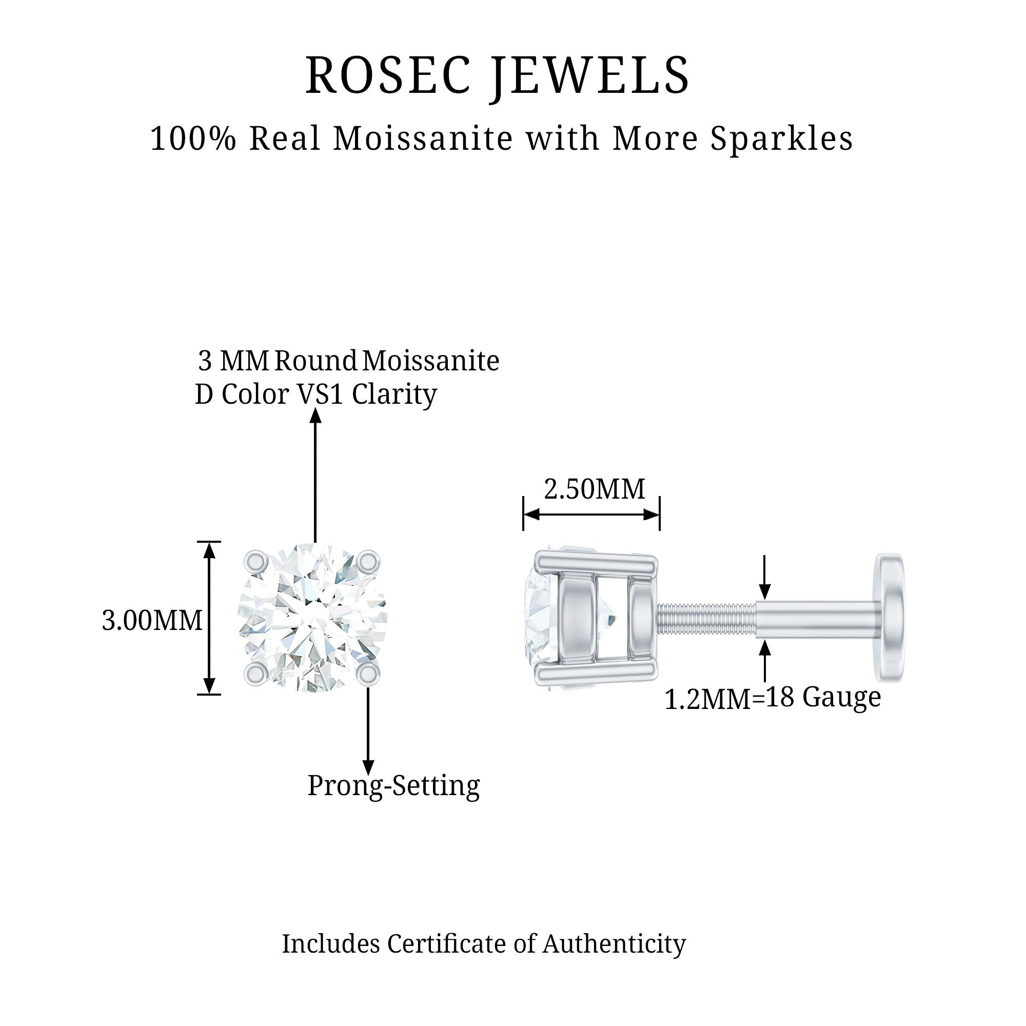 Dainty Round Moissanite Solitaire Tragus Earring D-VS1 - Rosec Jewels