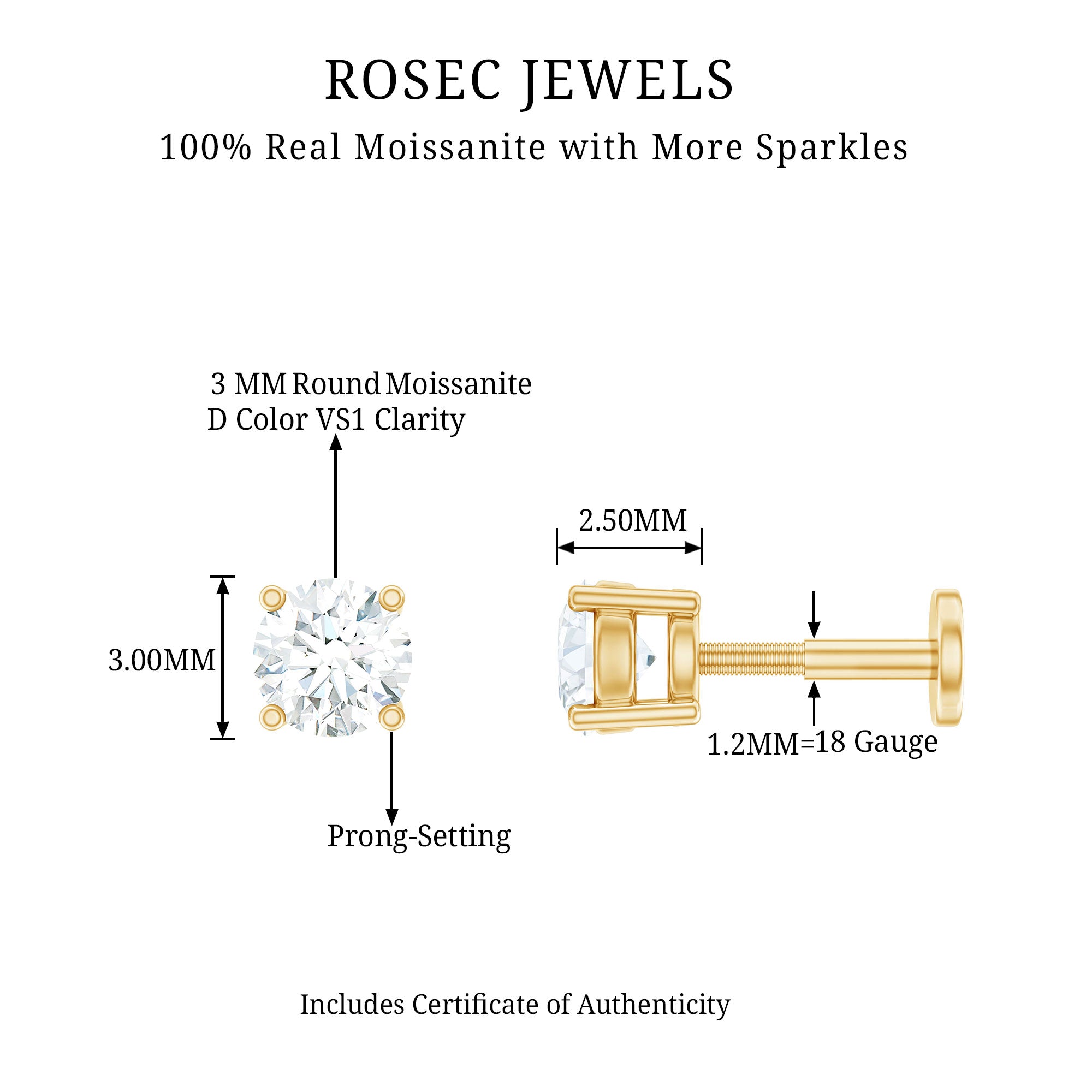 Dainty Round Moissanite Solitaire Tragus Earring D-VS1 - Rosec Jewels