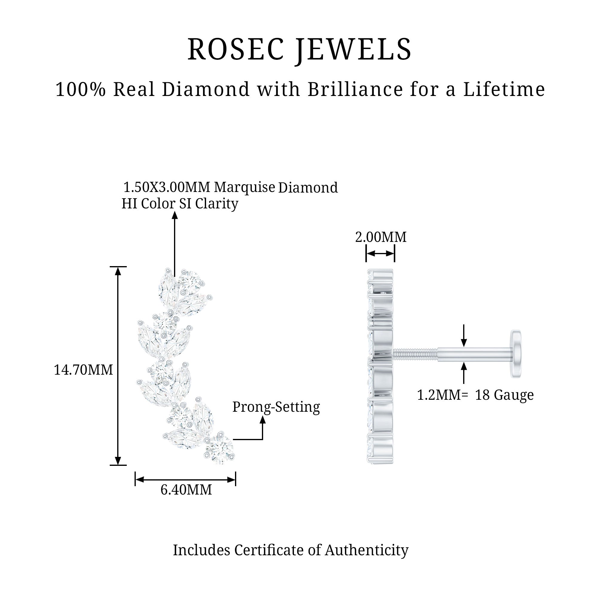 Nature Inspired Diamond Leaf Crawler Helix Earring Natural - ( HI-SI ) - Rosec Jewels
