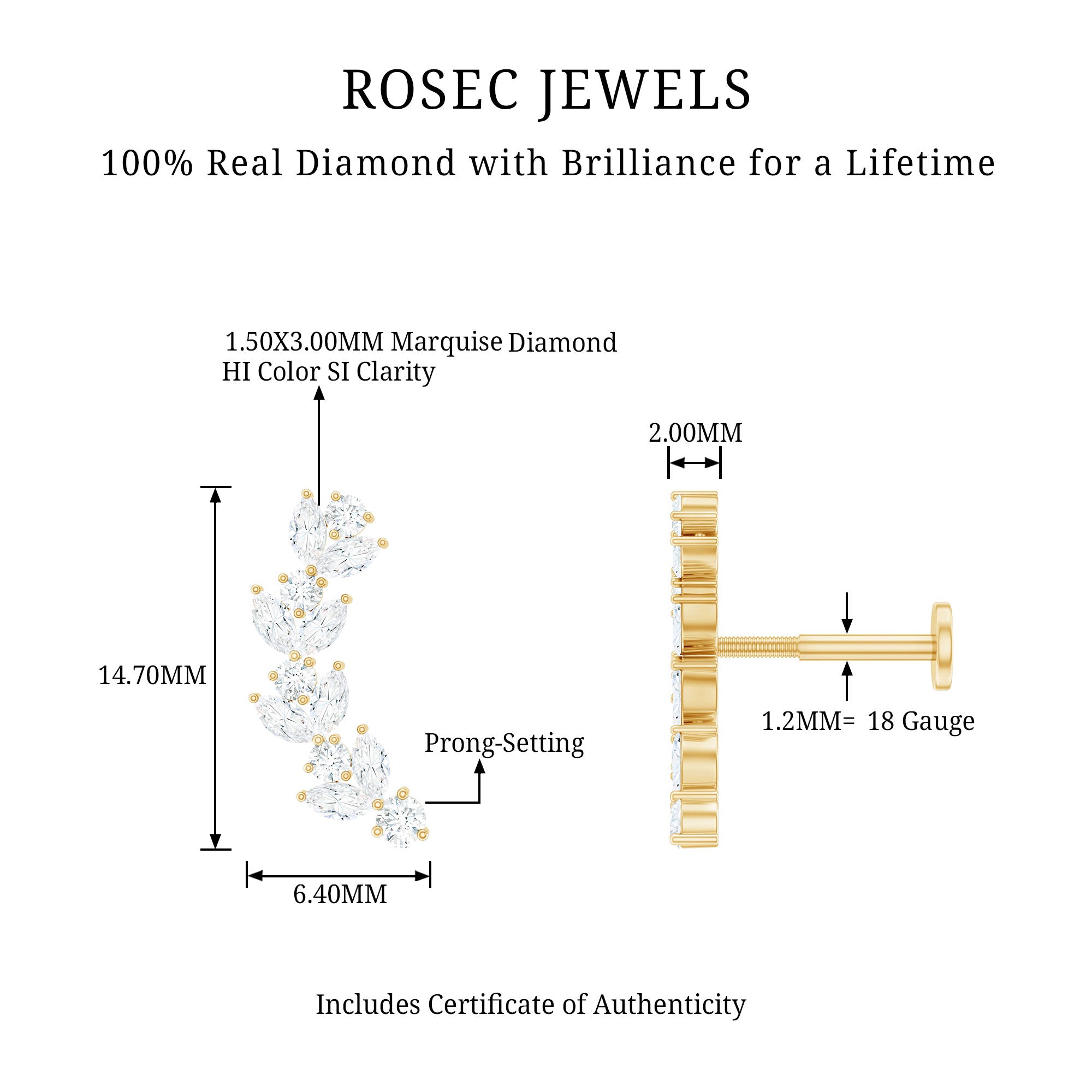 Nature Inspired Diamond Leaf Crawler Helix Earring Natural - ( HI-SI ) - Rosec Jewels
