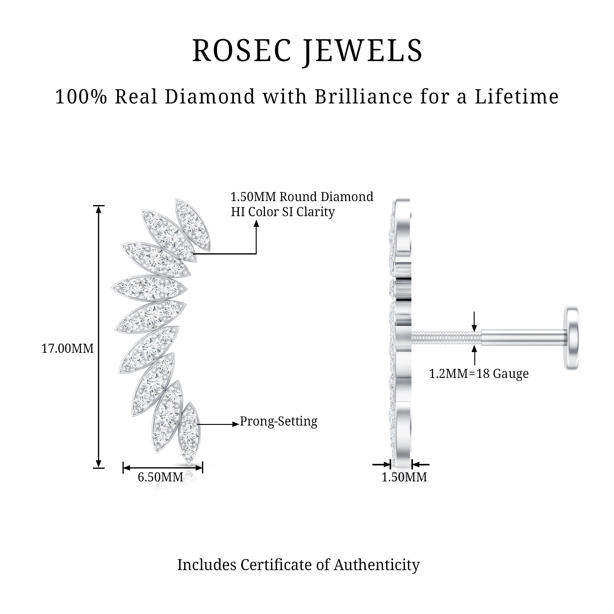 Diamond Wing Crawler Earring for Helix Piercing Natural - ( HI-SI ) - Rosec Jewels