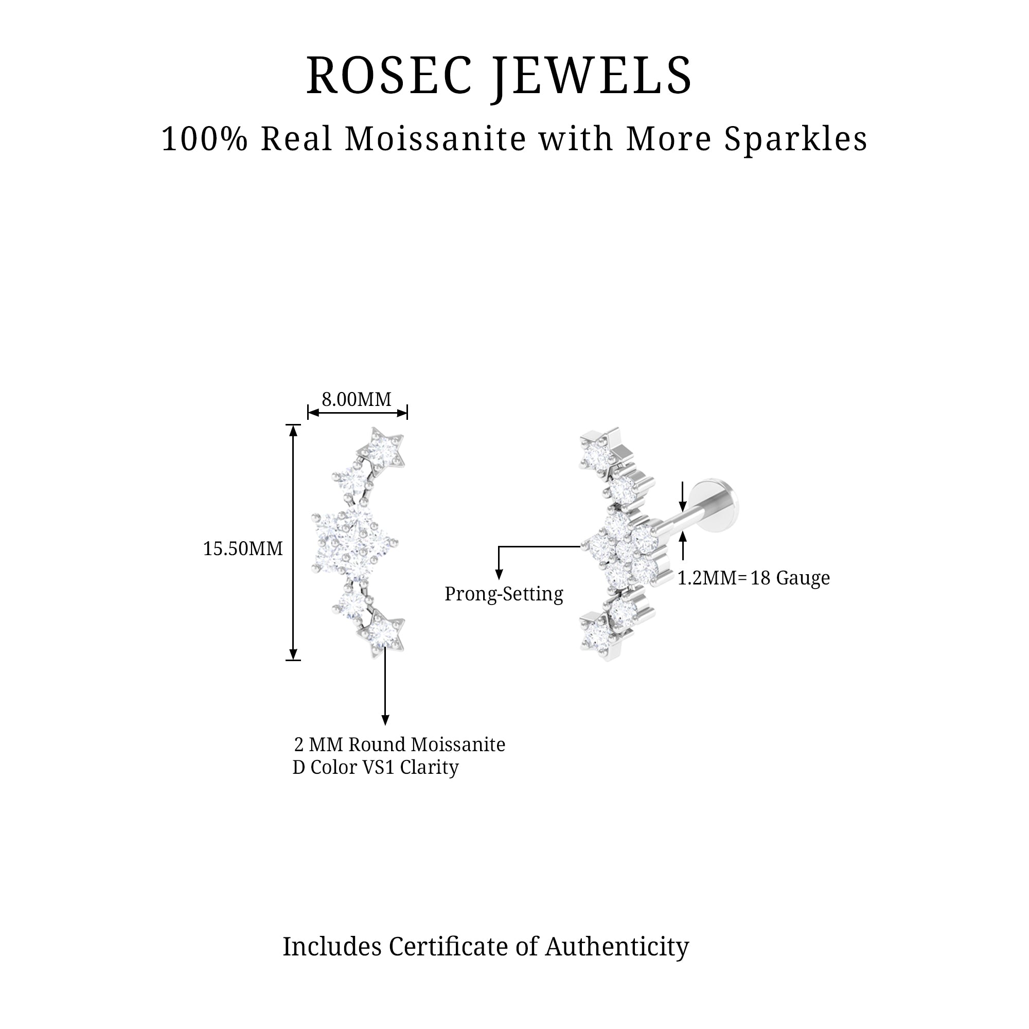 Unique Moissanite Star Crawler Earring for Helix Piercing D-VS1 - Rosec Jewels