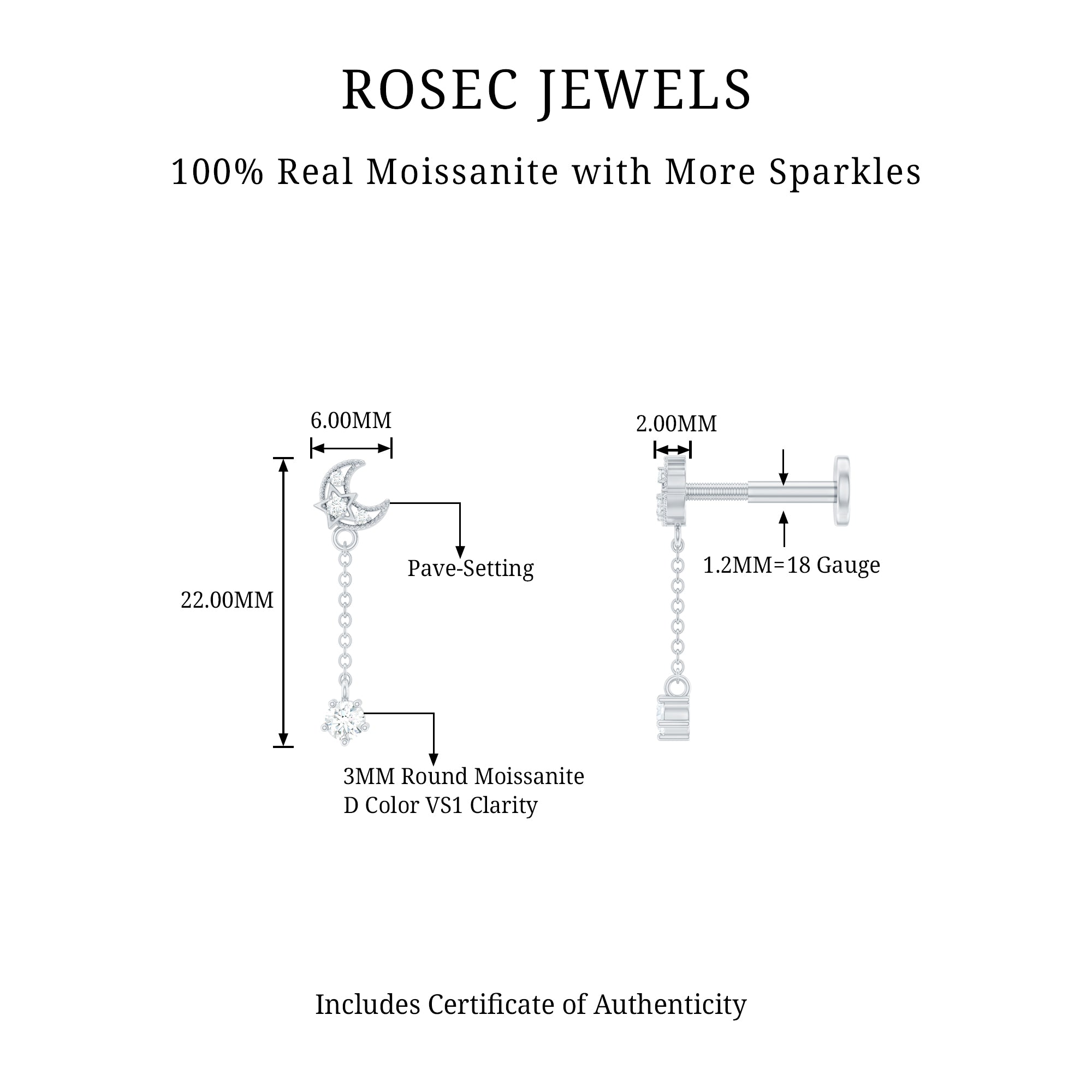Moissanite Celestial Chain Drop Earring for Helix Piercing D-VS1 - Rosec Jewels