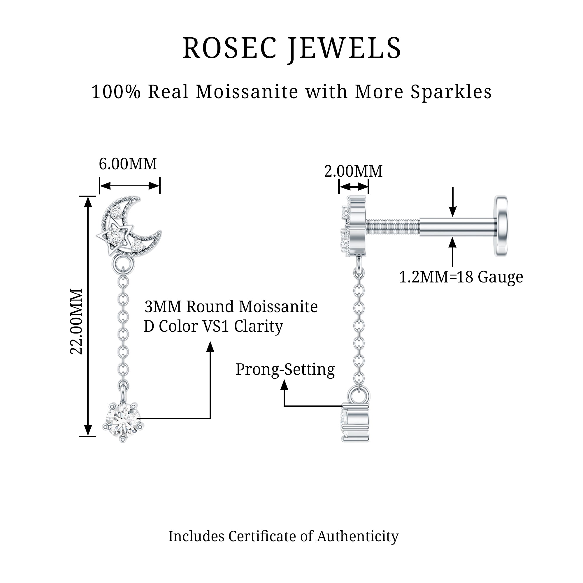 Moissanite Celestial Chain Drop Earring for Helix Piercing D-VS1 - Rosec Jewels