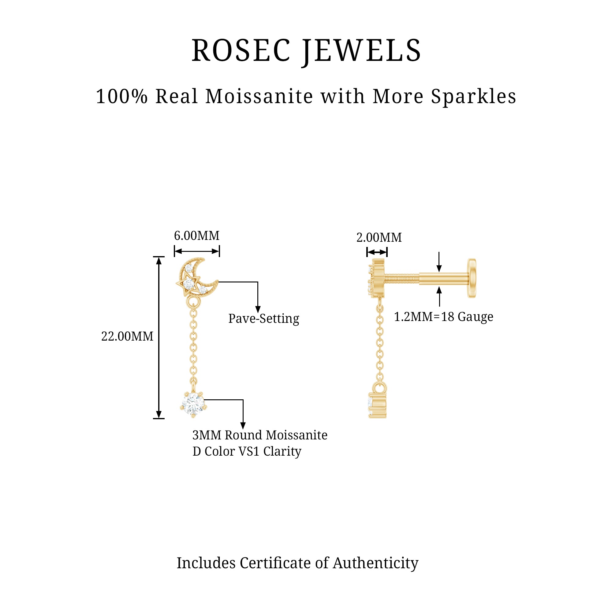 Moissanite Celestial Chain Drop Earring for Helix Piercing D-VS1 - Rosec Jewels