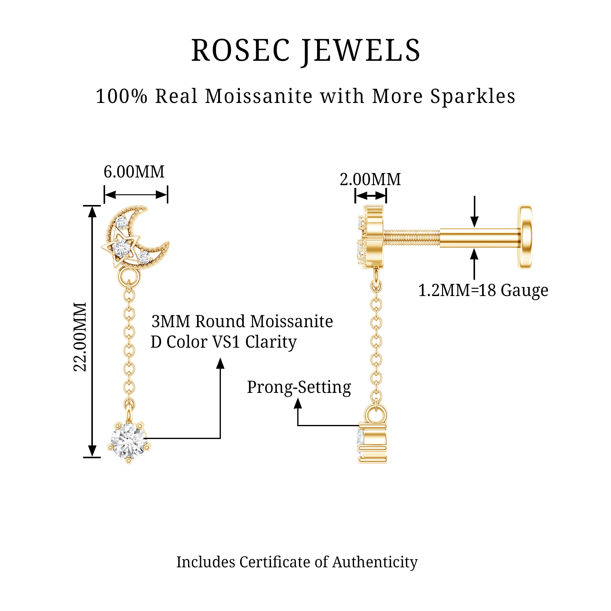 Moissanite Celestial Chain Drop Earring for Helix Piercing D-VS1 - Rosec Jewels