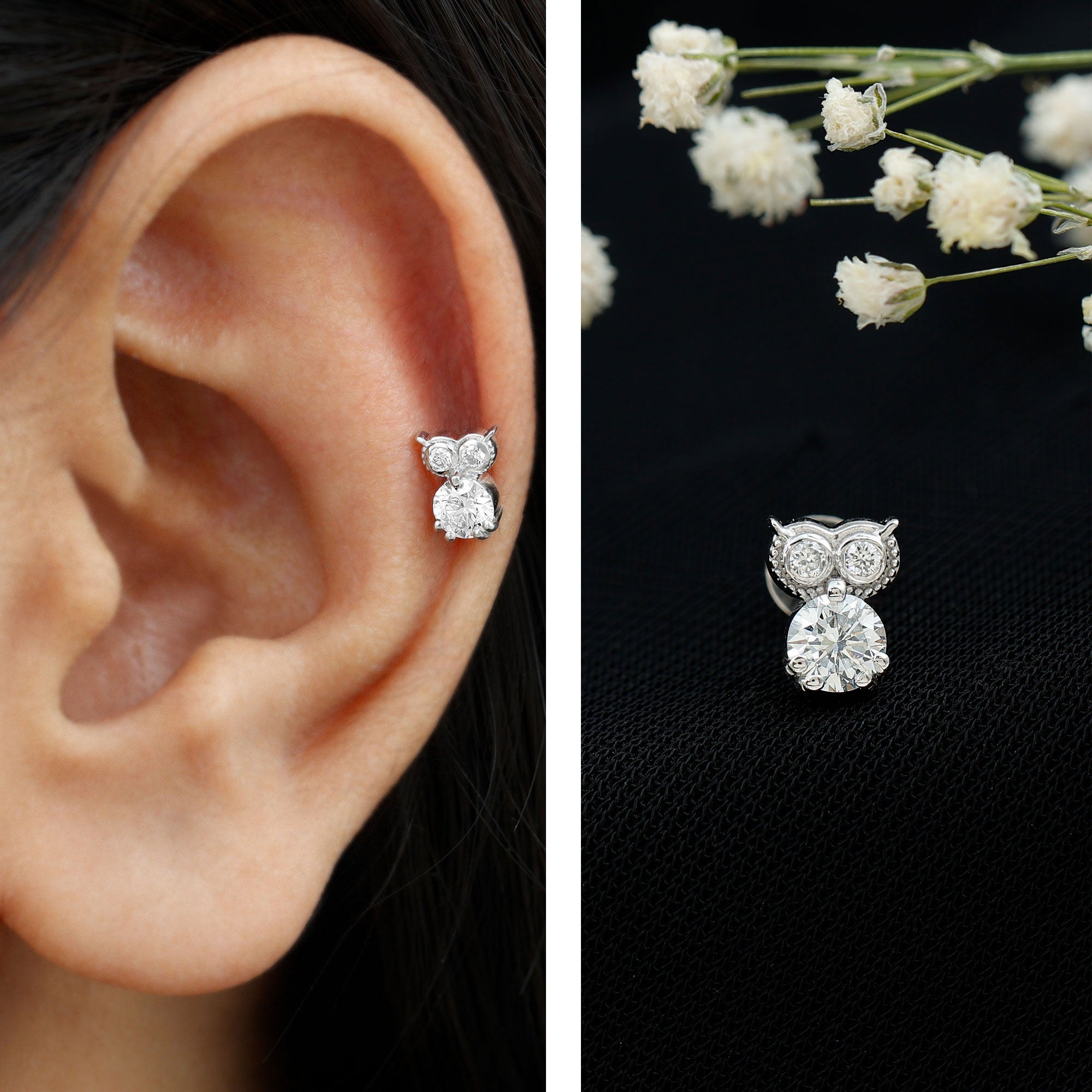 Round Cut Moissanite Owl Earring for Cartilage Piercing D-VS1 - Rosec Jewels