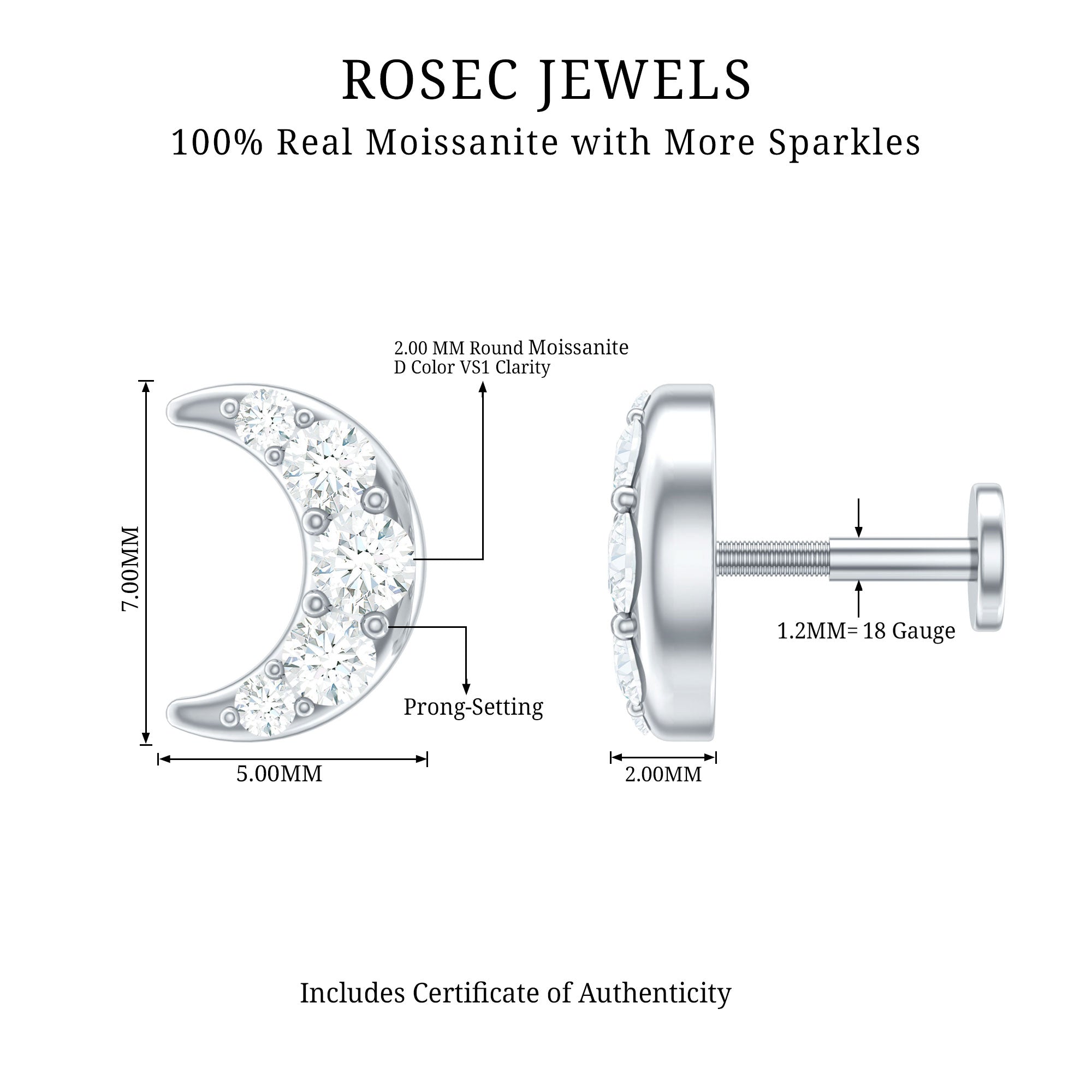 Moissanite Crescent Moon Helix Earring for Women D-VS1 - Rosec Jewels