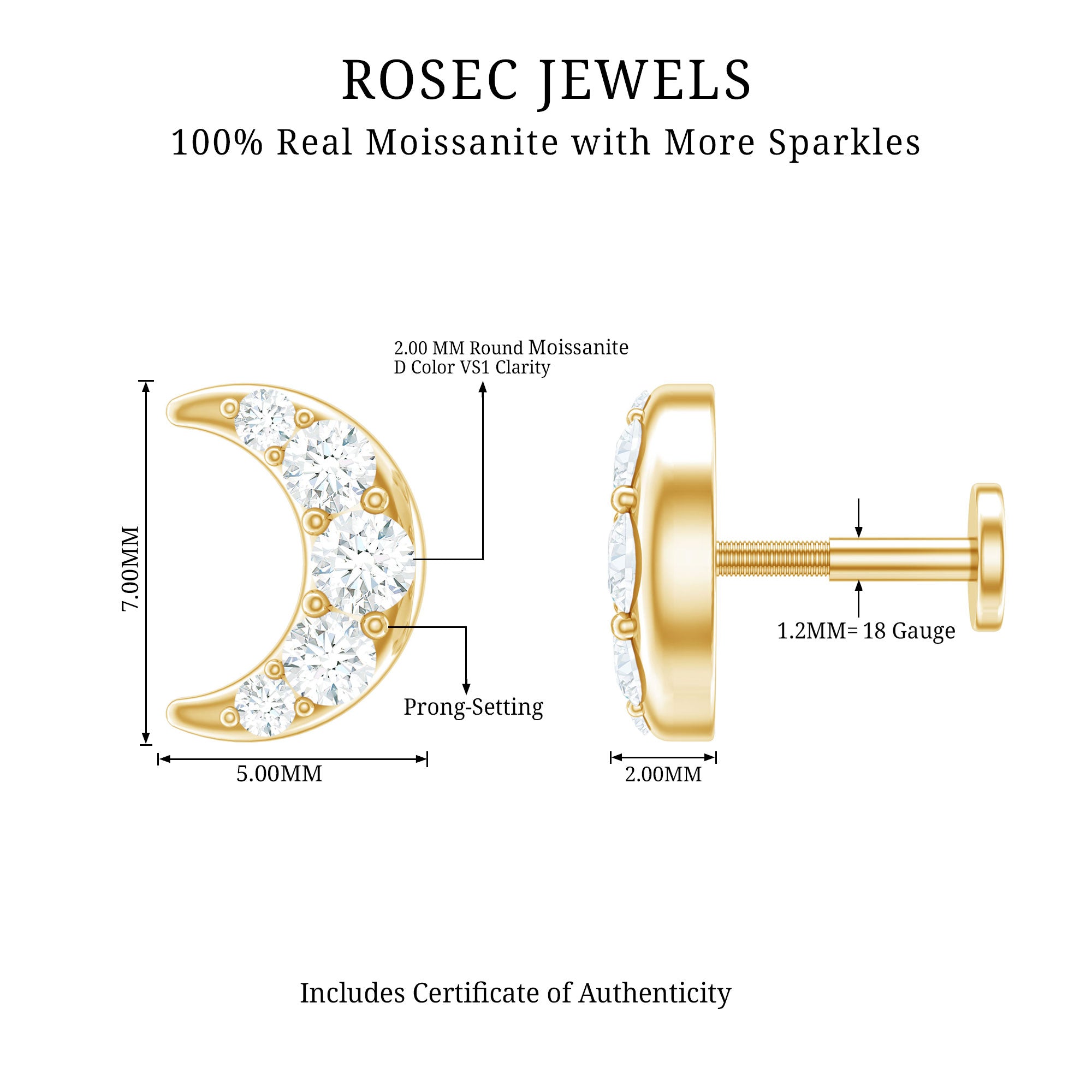 Moissanite Crescent Moon Helix Earring for Women D-VS1 - Rosec Jewels