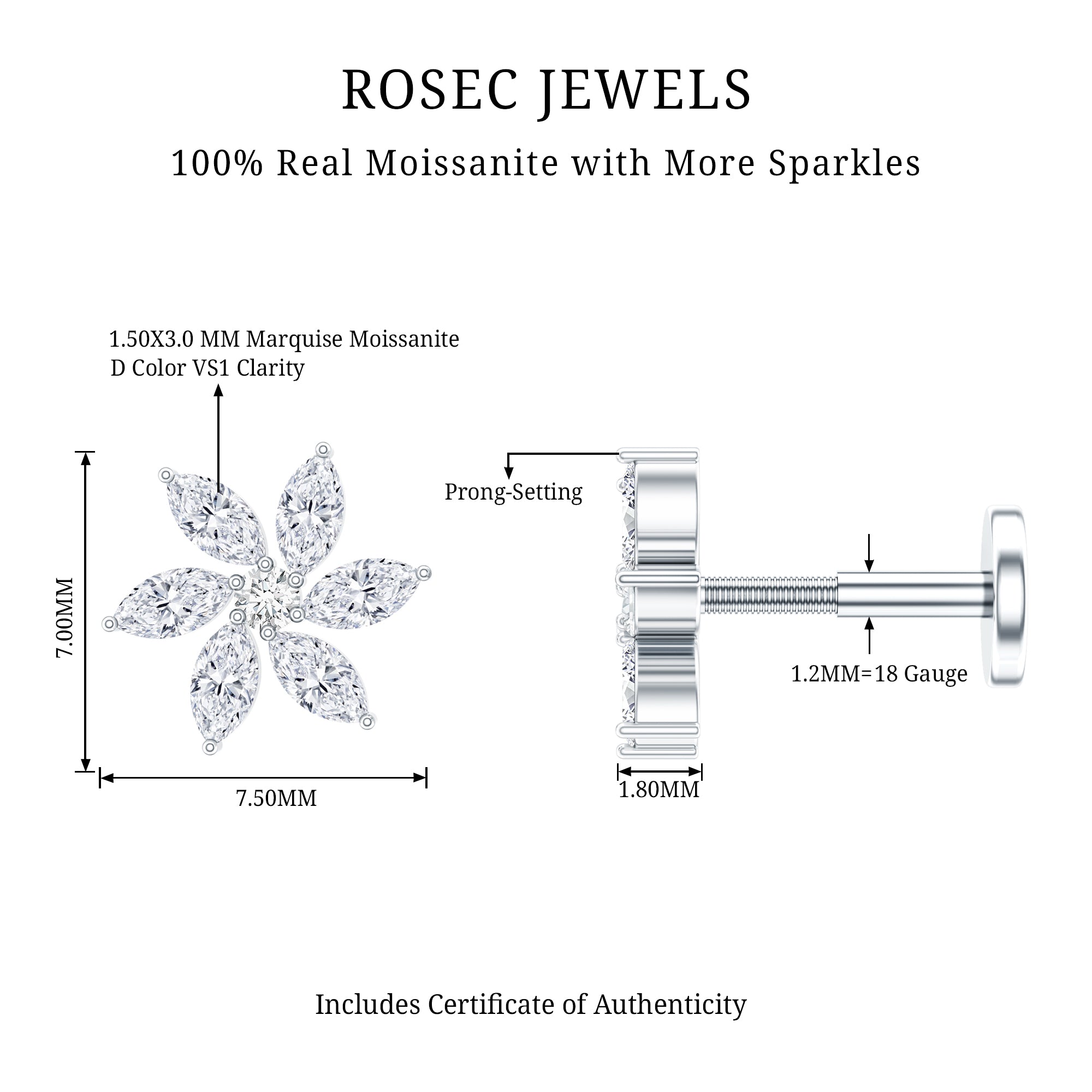 Marquise Moissanite Flower Earring for Cartilage Piercing D-VS1 - Rosec Jewels