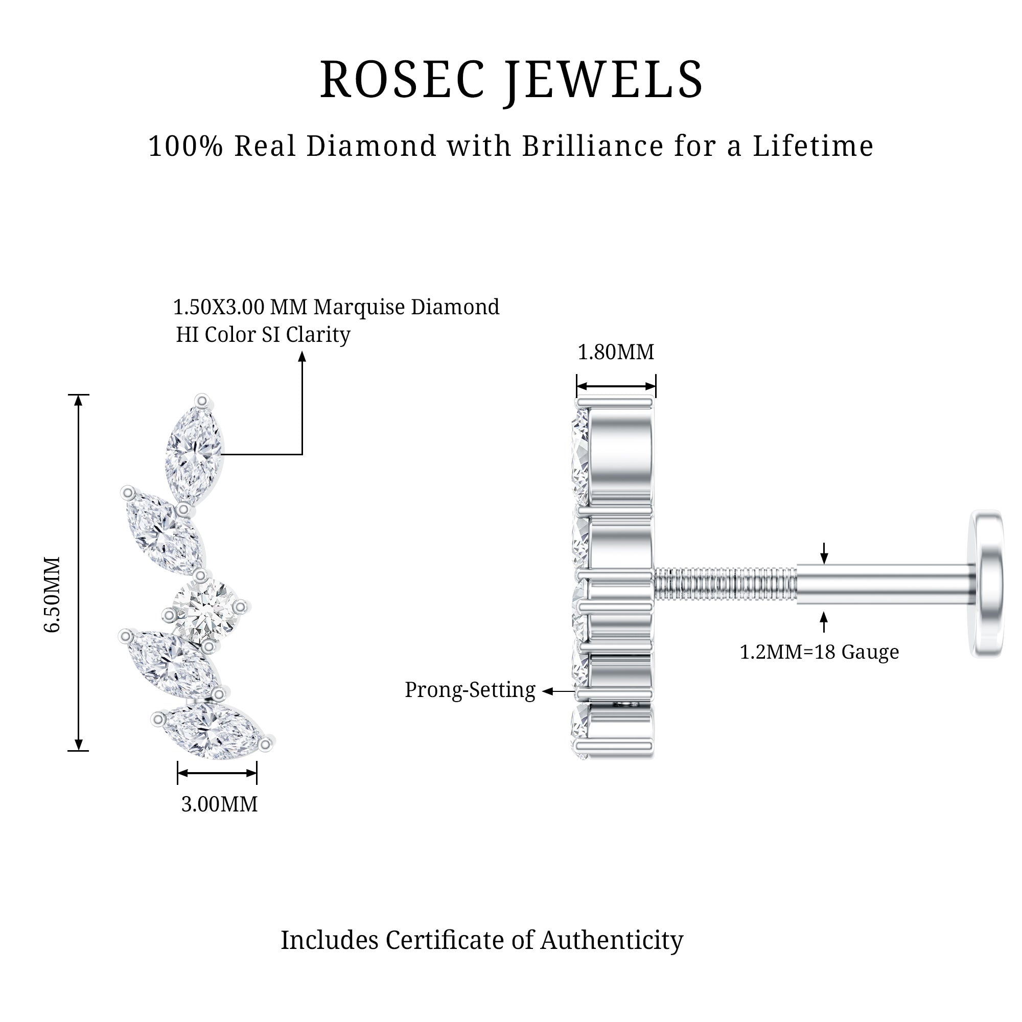 Marquise Shape Diamond Leaf Crawler Helix Earring Natural - ( HI-SI ) - Rosec Jewels