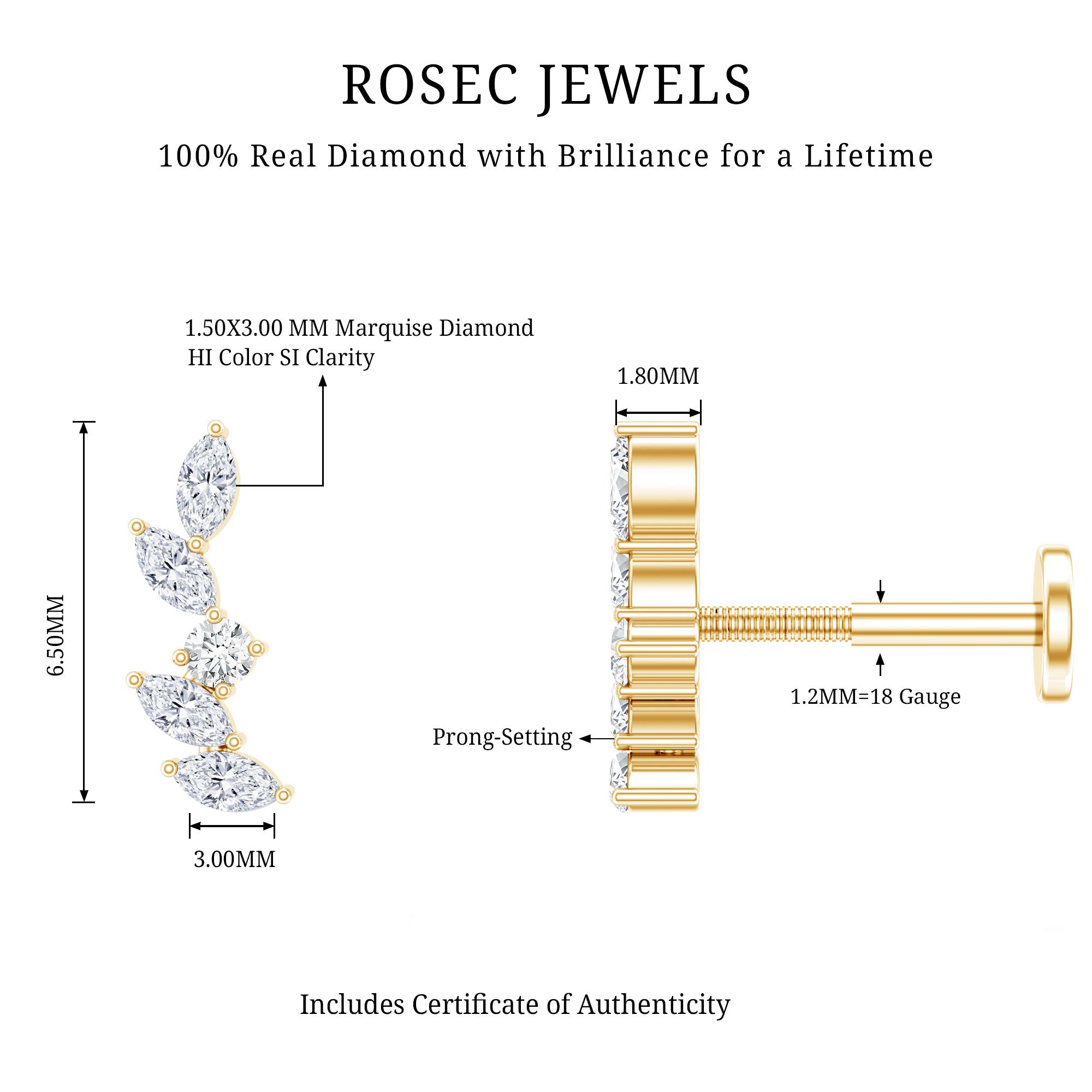 Marquise Shape Diamond Leaf Crawler Helix Earring Natural - ( HI-SI ) - Rosec Jewels