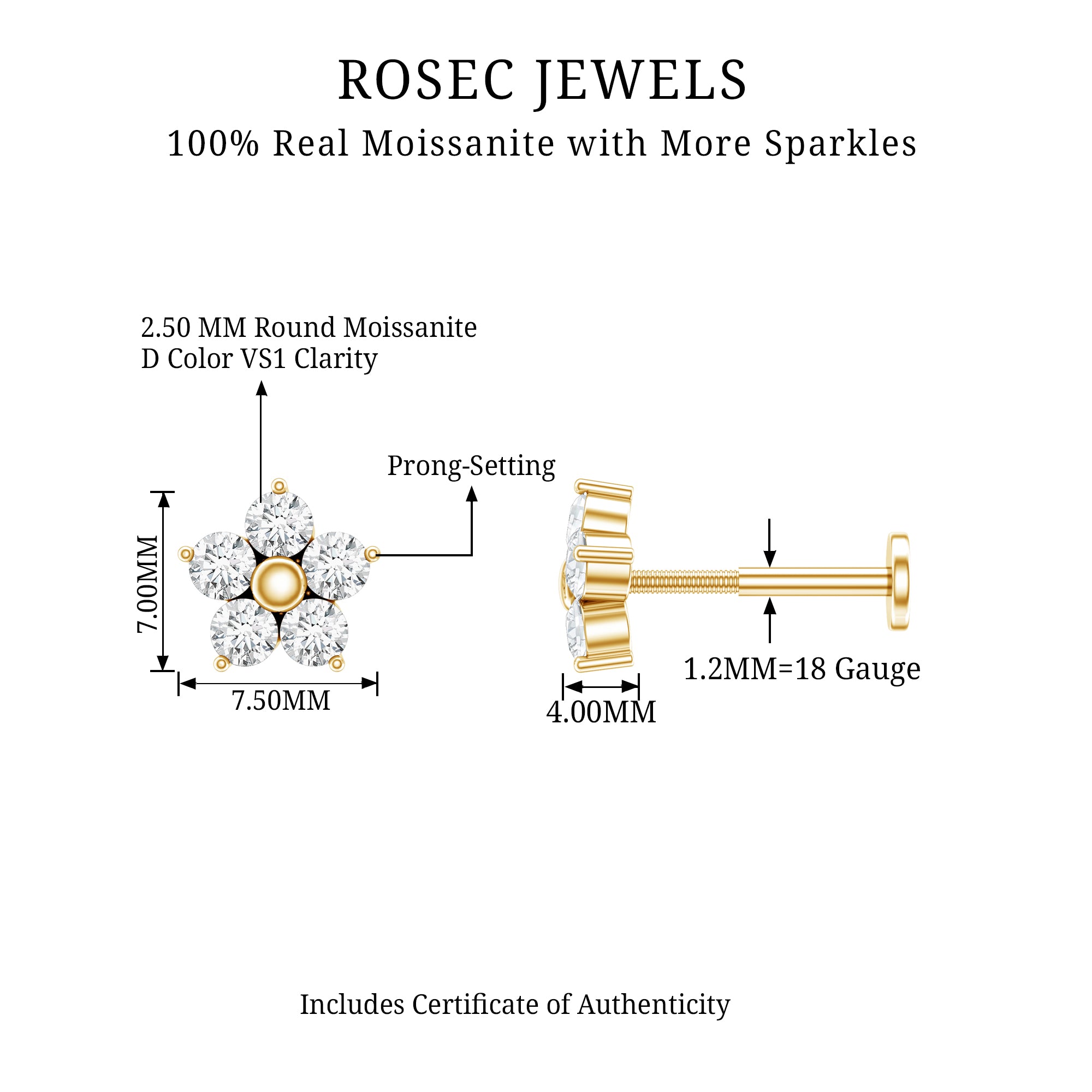 Certified Moissanite Flower Conch Earring for Women D-VS1 - Rosec Jewels