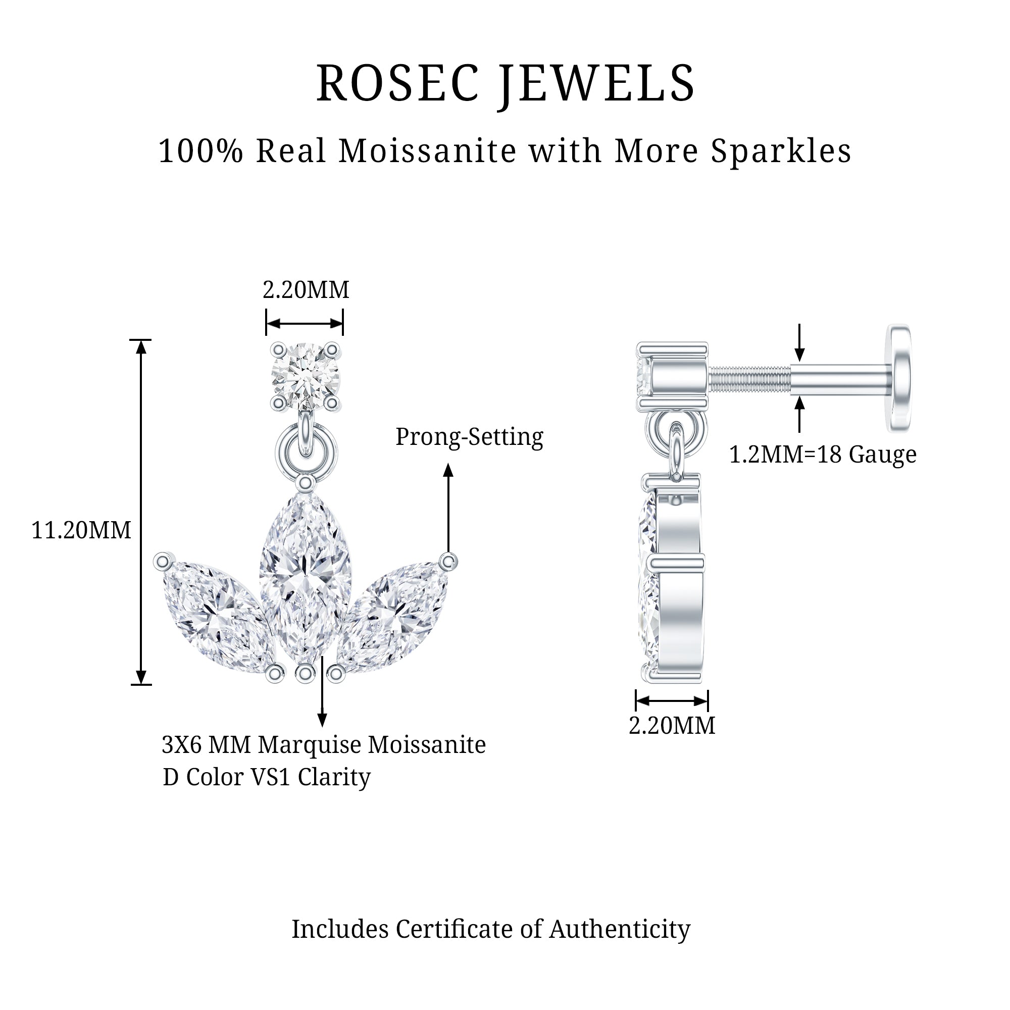 Marquise Cut Moissanite Lotus Flower Drop Helix Earring D-VS1 - Rosec Jewels