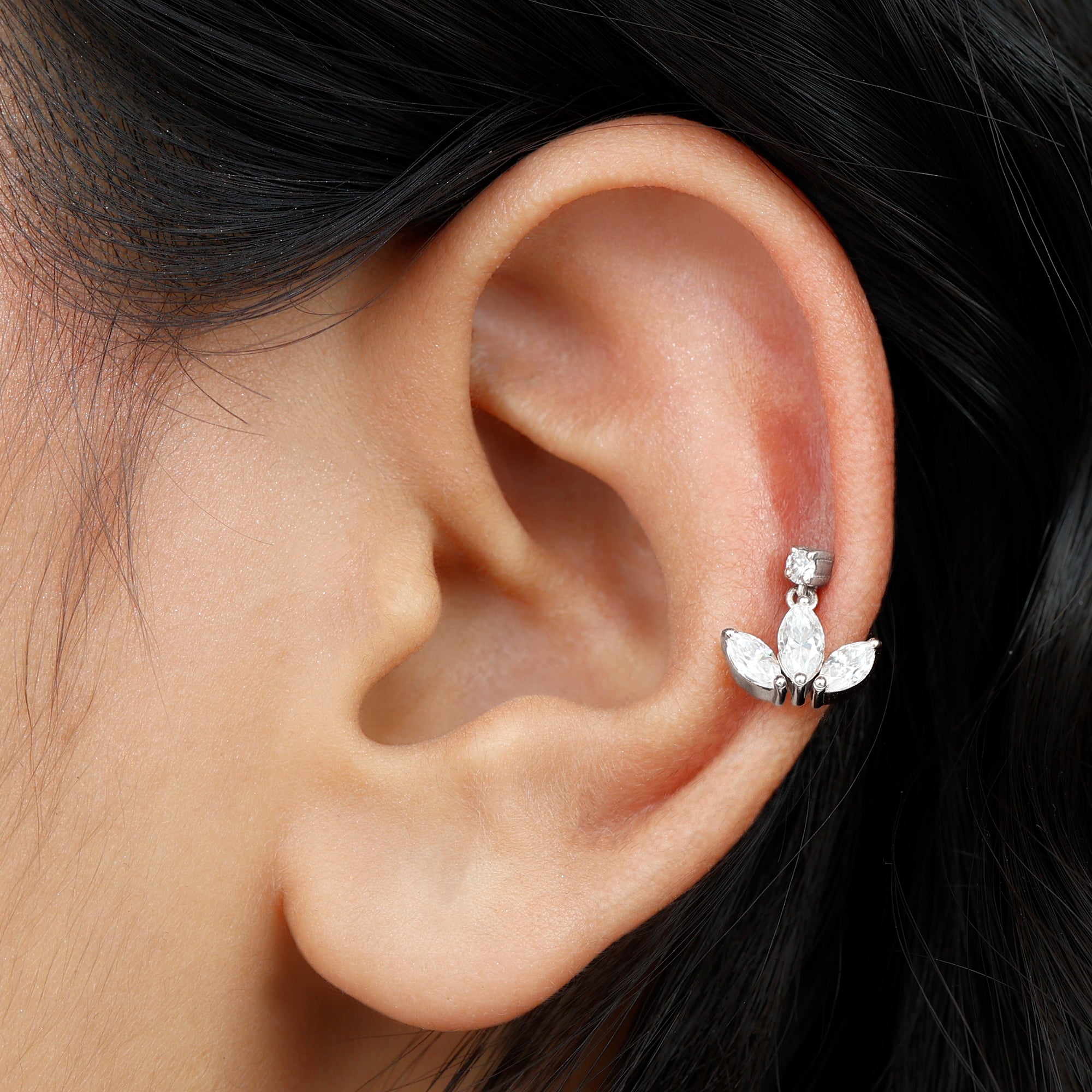 Marquise Cut Moissanite Lotus Flower Drop Helix Earring D-VS1 - Rosec Jewels