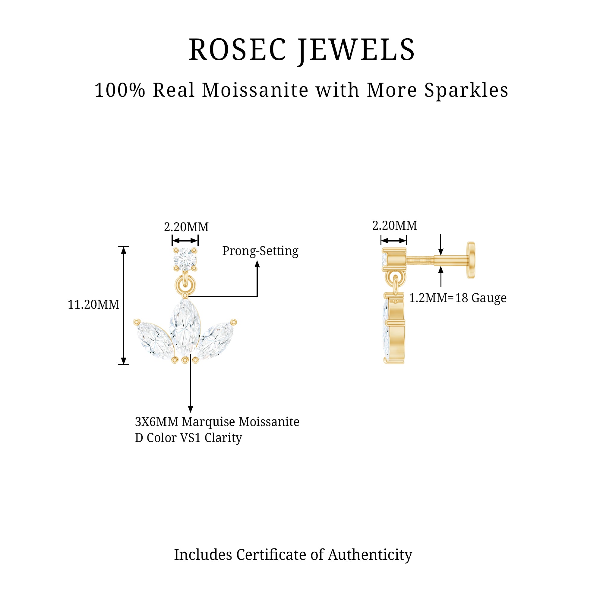 Marquise Cut Moissanite Lotus Flower Drop Helix Earring D-VS1 - Rosec Jewels