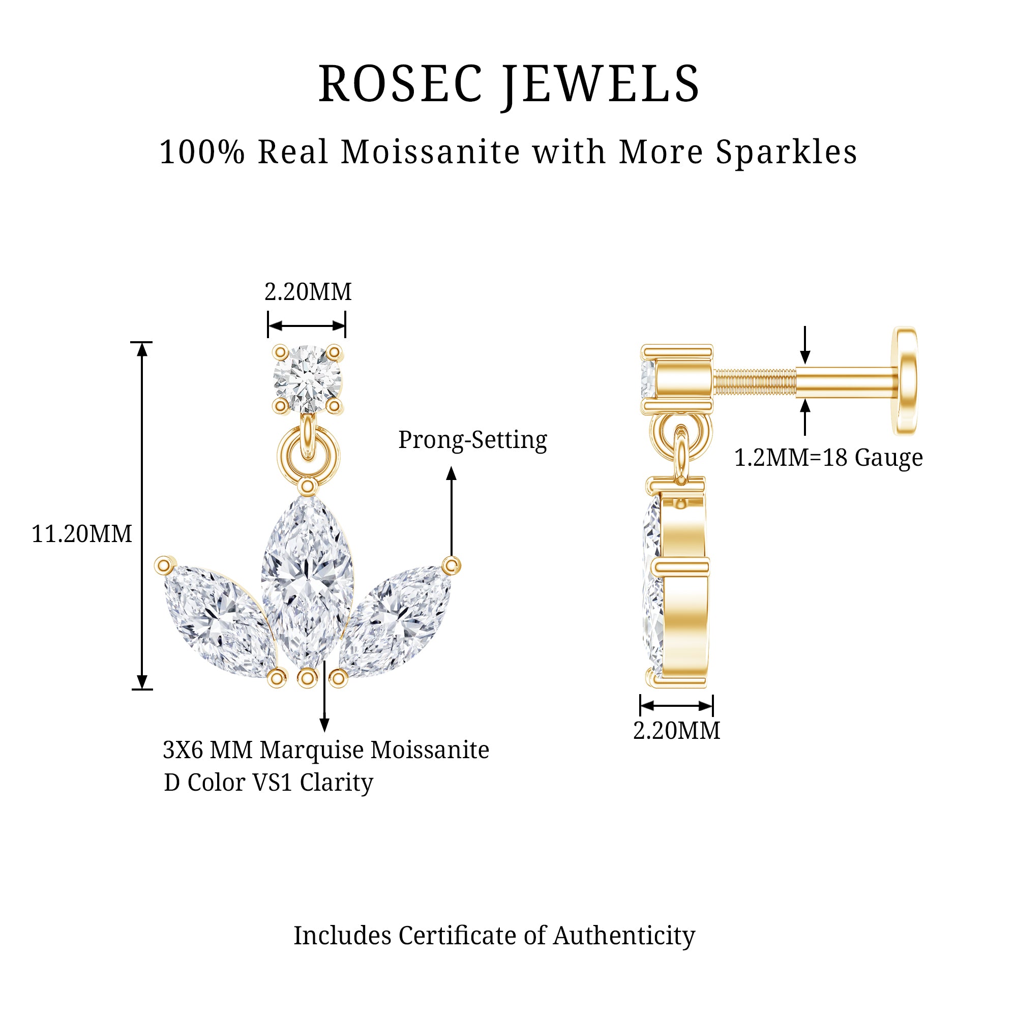 Marquise Cut Moissanite Lotus Flower Drop Helix Earring D-VS1 - Rosec Jewels