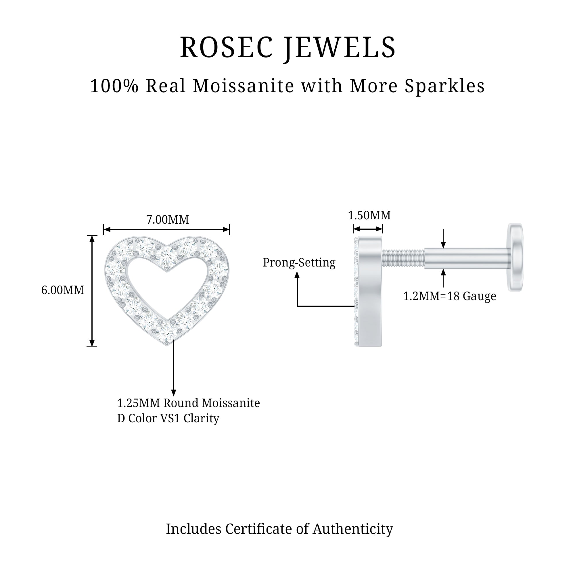 Certified Moissanite Open Heart Earring for Helix Piercing D-VS1 - Rosec Jewels