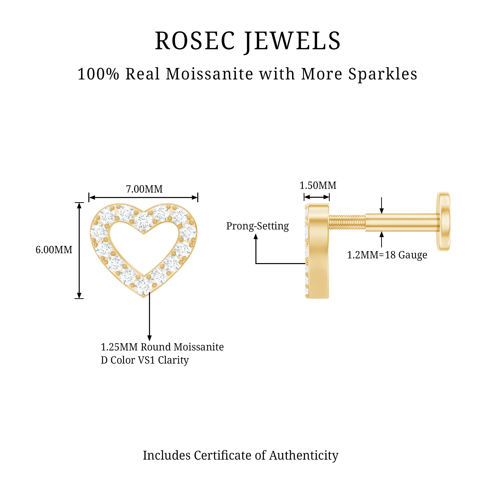 Certified Moissanite Open Heart Earring for Helix Piercing D-VS1 - Rosec Jewels