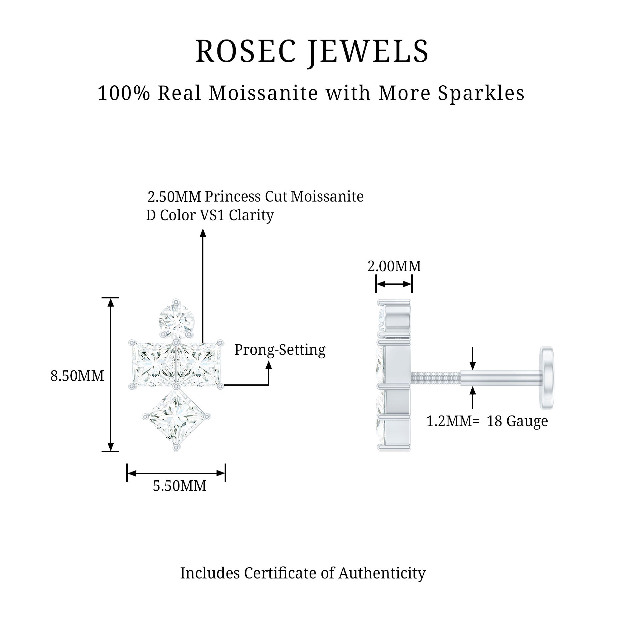 Round and Princess Cut Moissanite Cluster Helix Earring D-VS1 - Rosec Jewels
