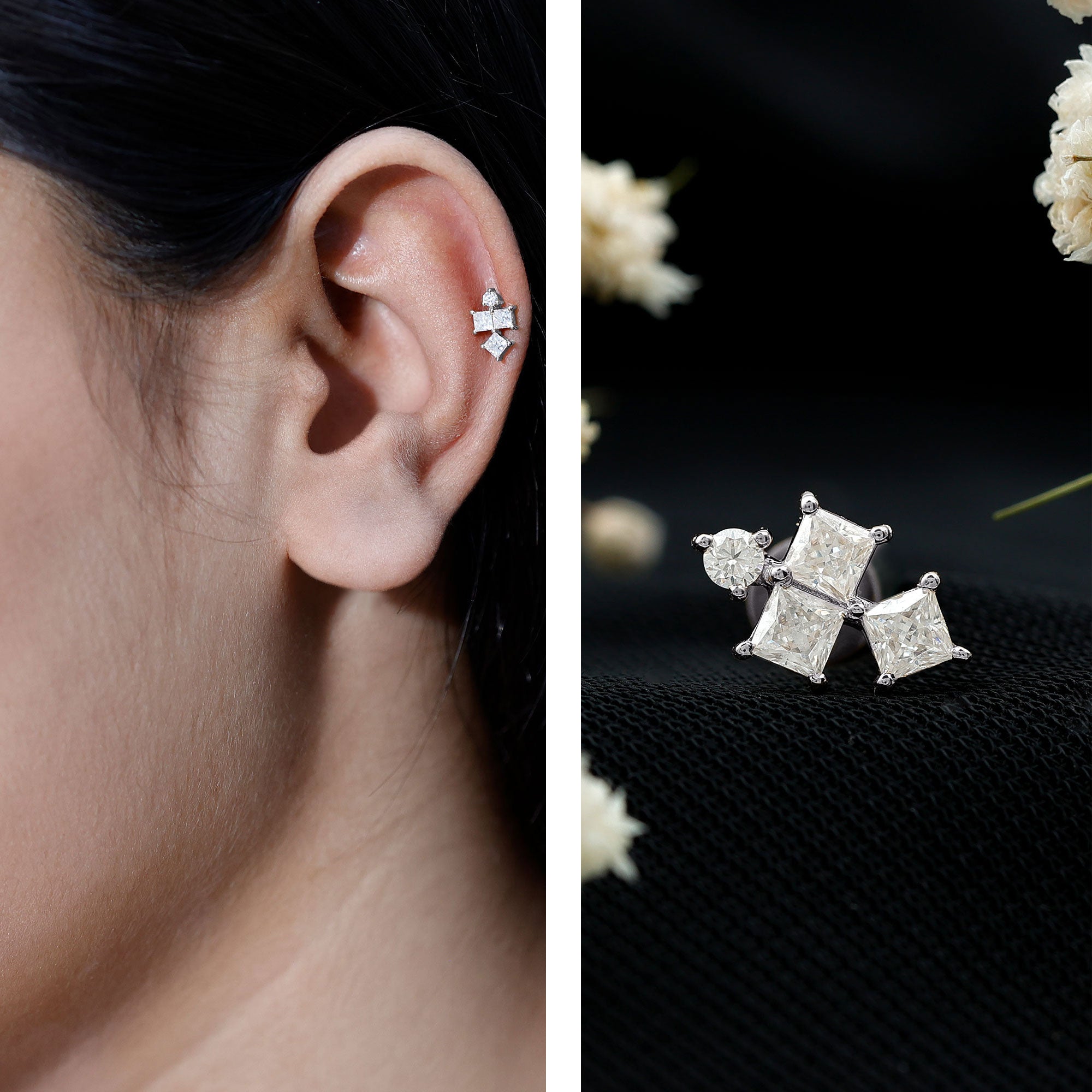 Round and Princess Cut Moissanite Cluster Helix Earring D-VS1 - Rosec Jewels