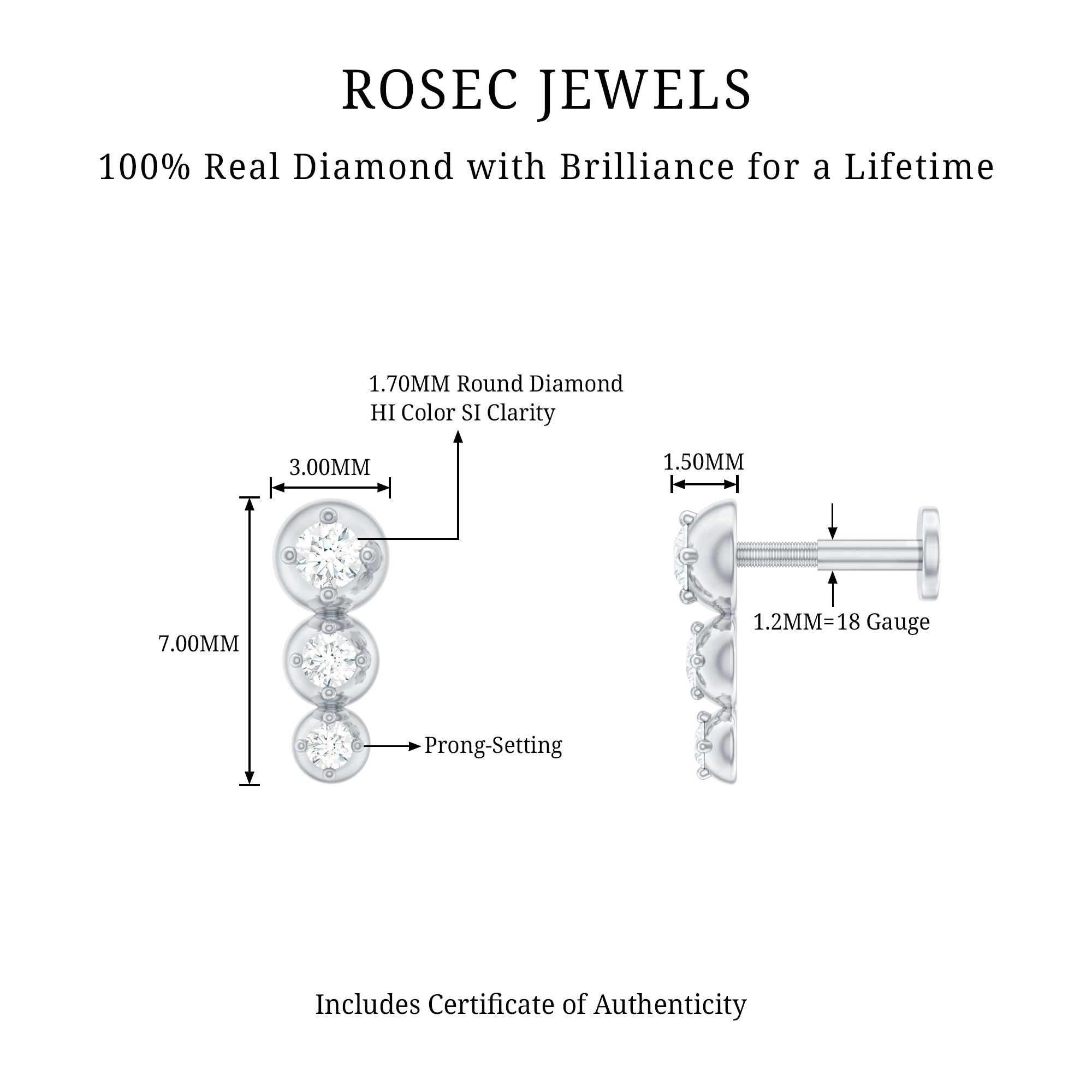 Natural Round Diamond Three Stone Tragus Earring Natural - ( HI-SI ) - Rosec Jewels