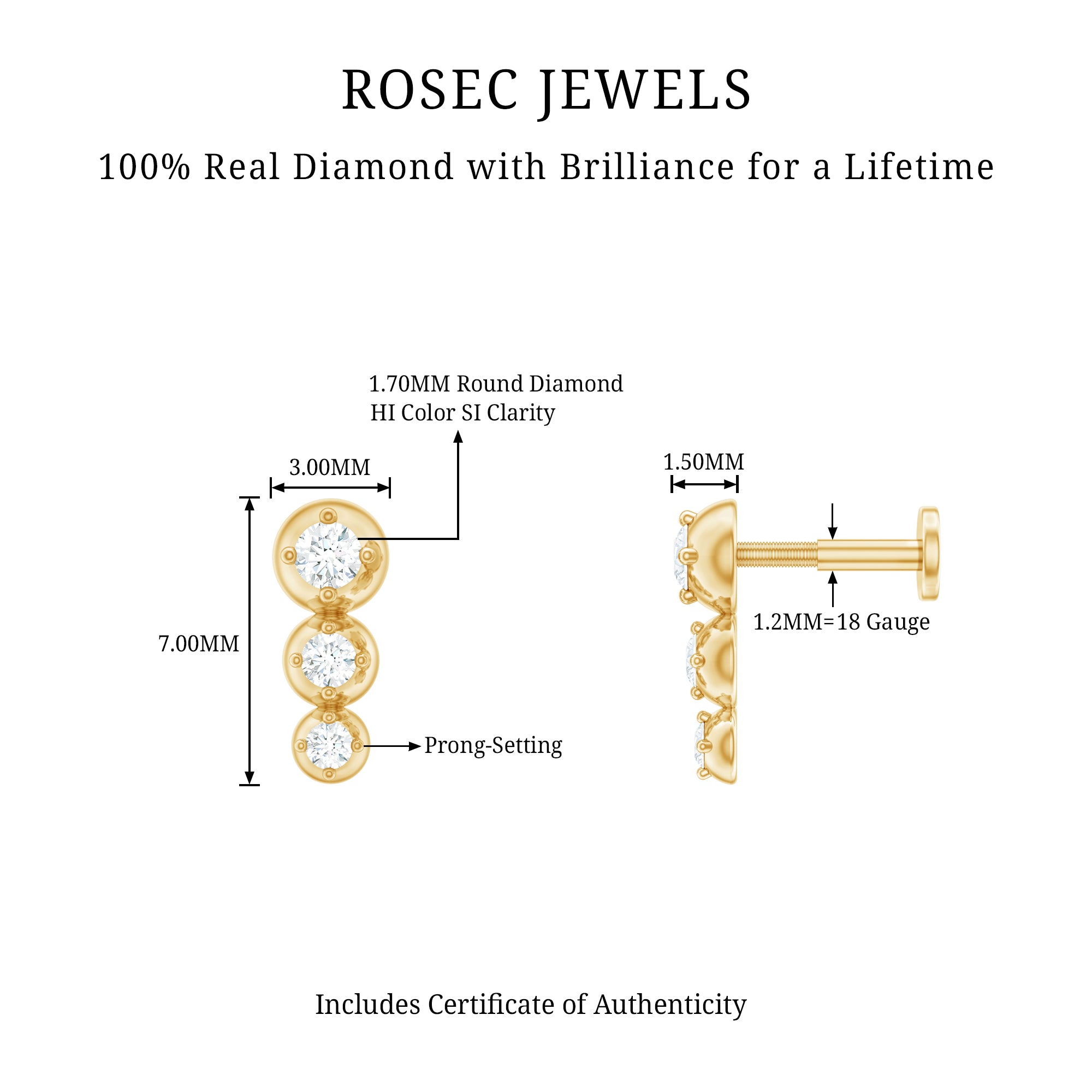 Natural Round Diamond Three Stone Tragus Earring Natural - ( HI-SI ) - Rosec Jewels