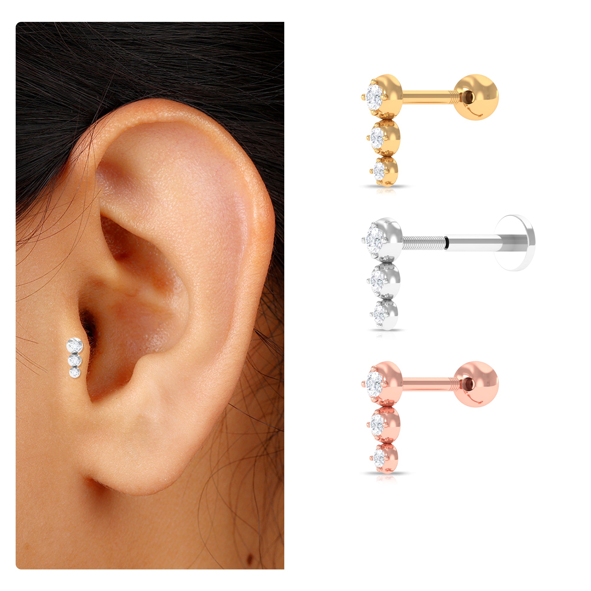Natural Round Diamond Three Stone Tragus Earring Natural - ( HI-SI ) - Rosec Jewels