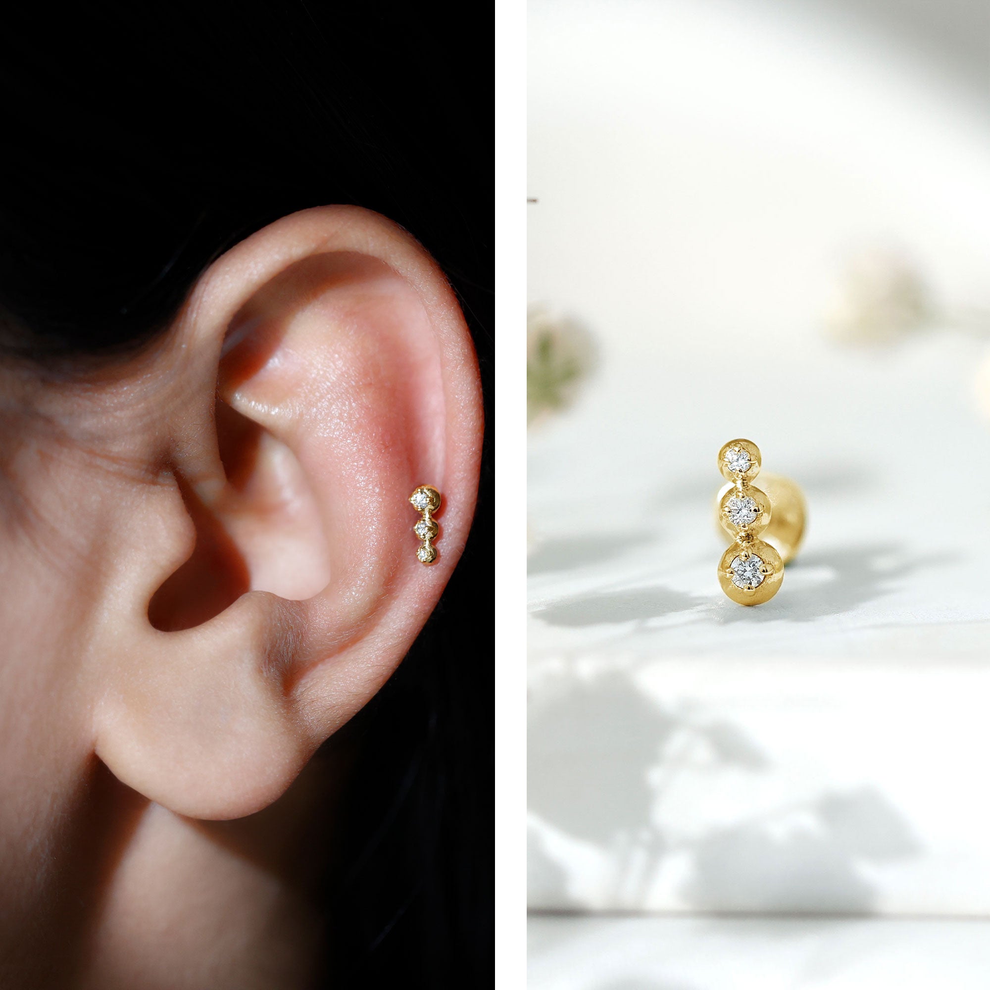 Natural Round Diamond Three Stone Tragus Earring Natural - ( HI-SI ) - Rosec Jewels