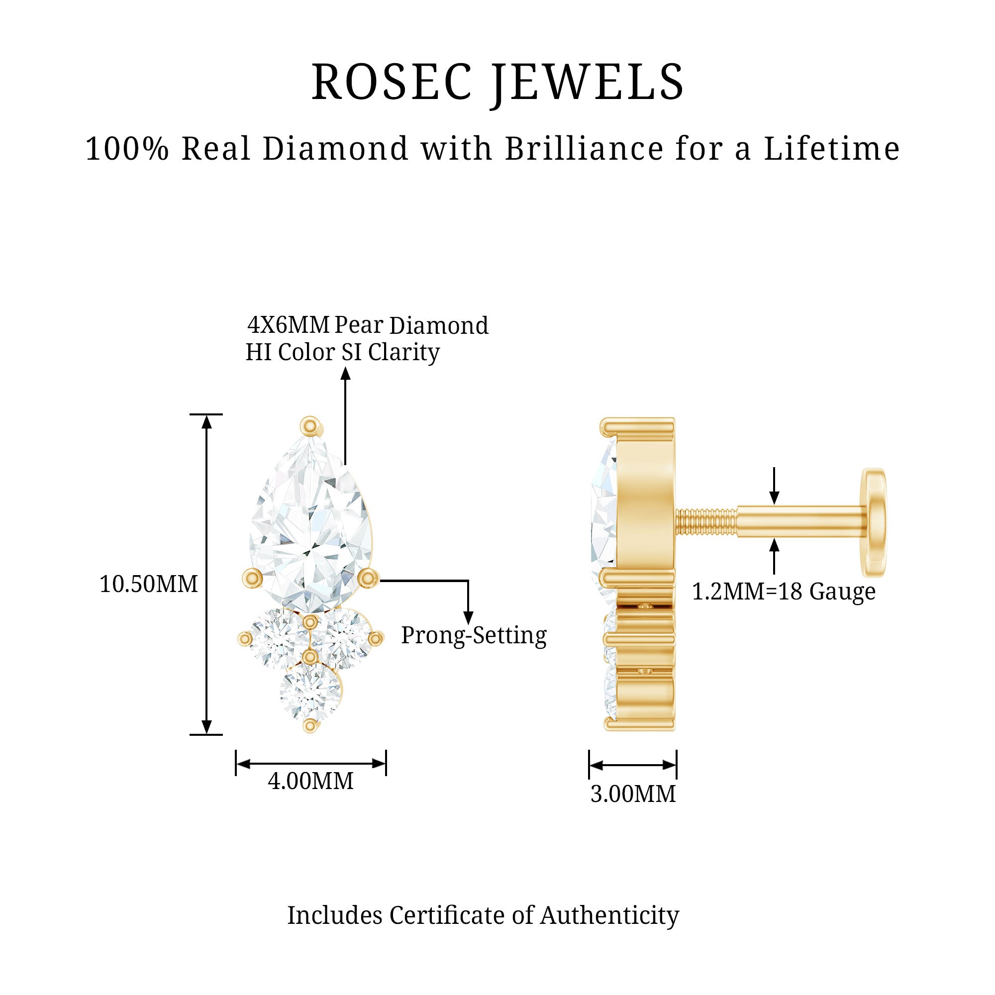 Pear and Round Diamond Earring for Helix Piercing Natural - ( HI-SI ) - Rosec Jewels