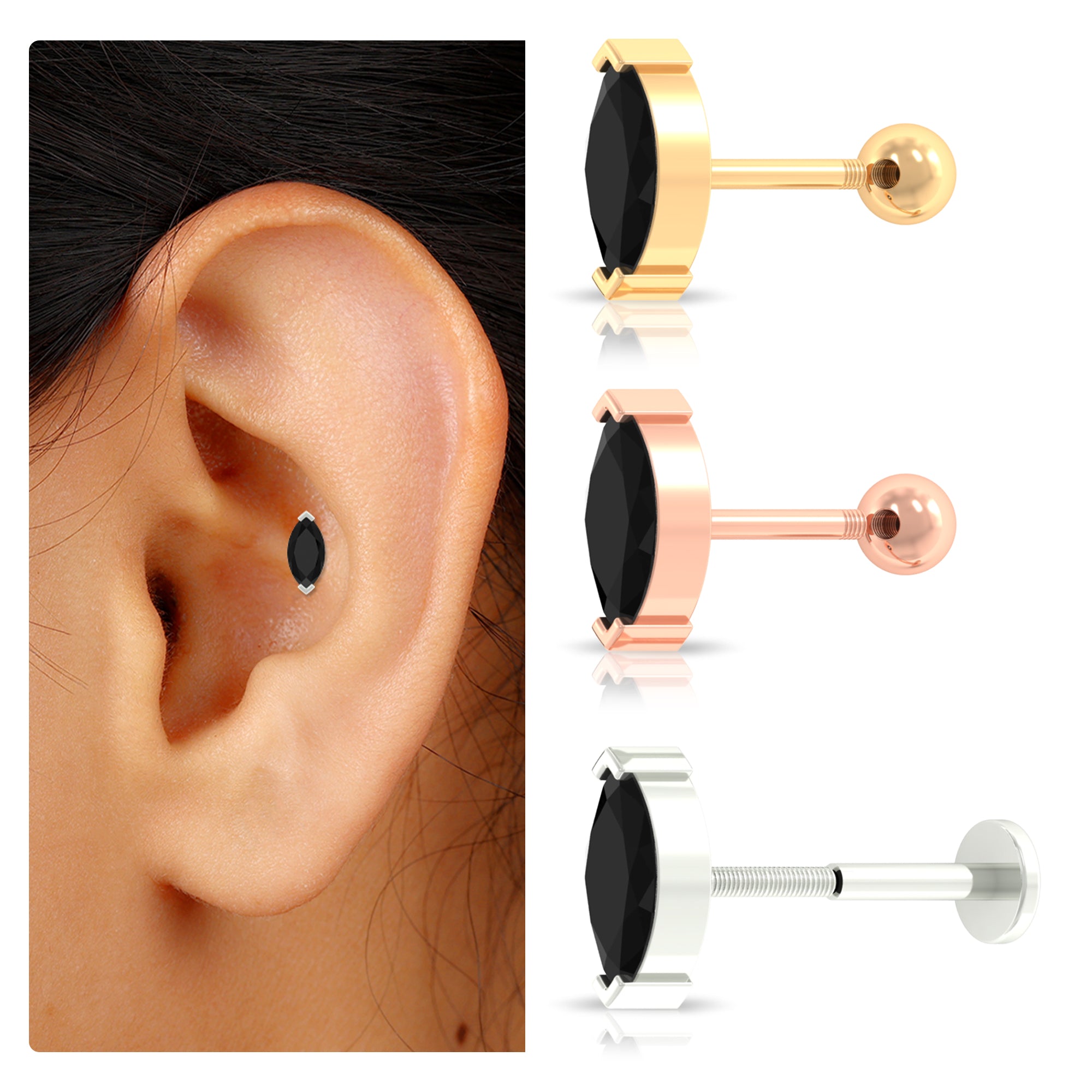 Natural 0.74 Carat Marquise Shape Black Onyx Conch Earring AAA - Rosec Jewels