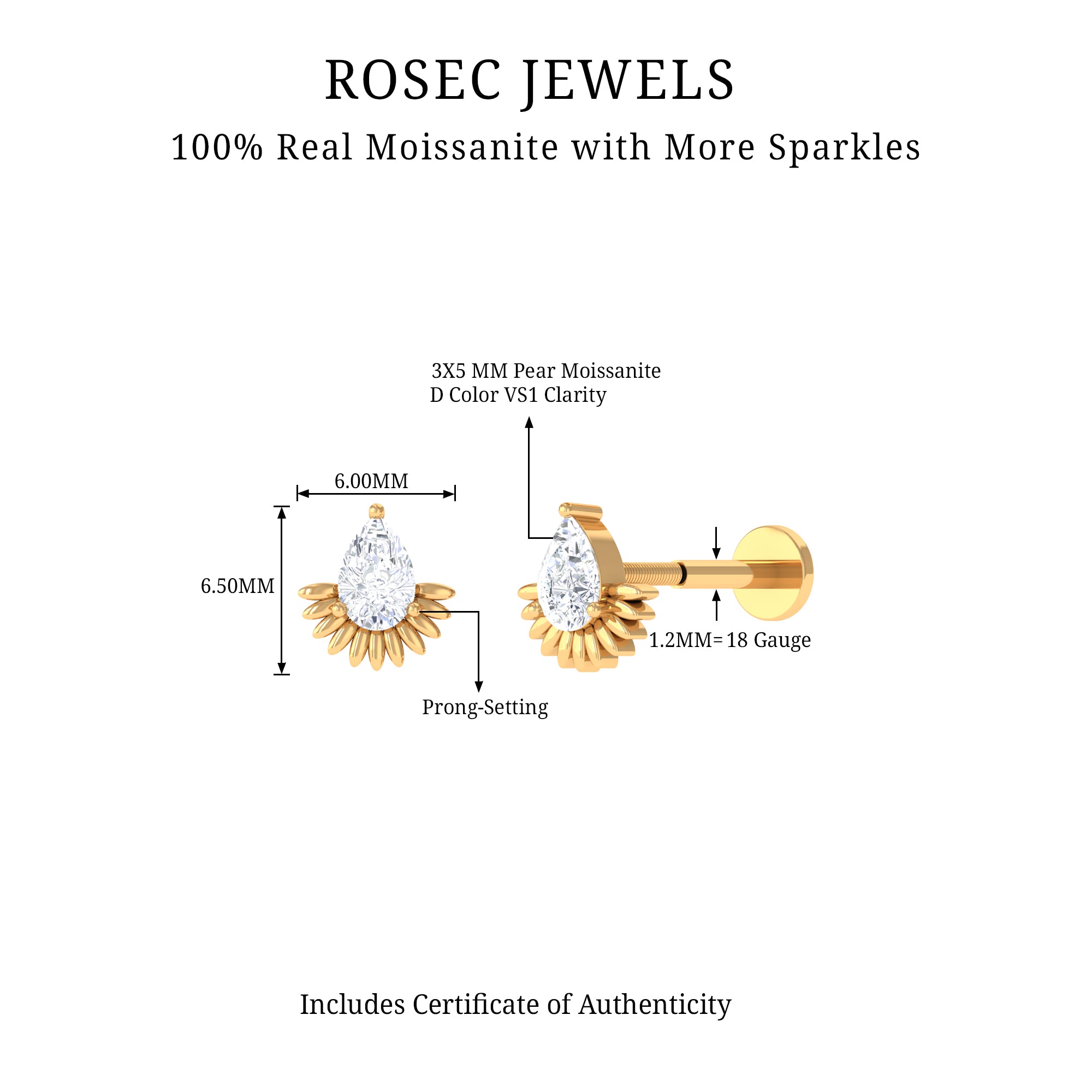 Pear Shape Moissanite Unique Cartilage Earring D-VS1 - Rosec Jewels