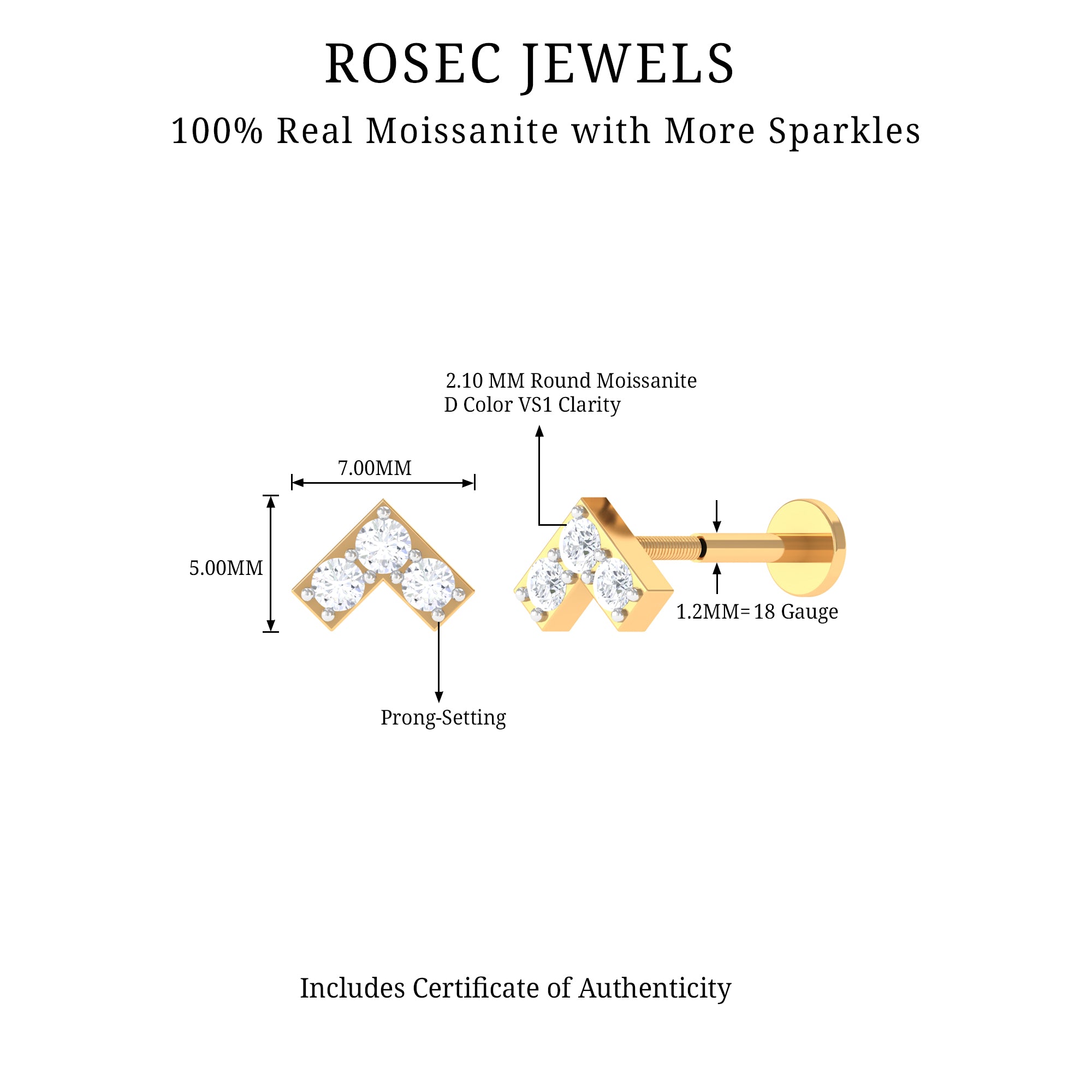 Round Moissanite Chevron Tragus Earring for Women D-VS1 - Rosec Jewels